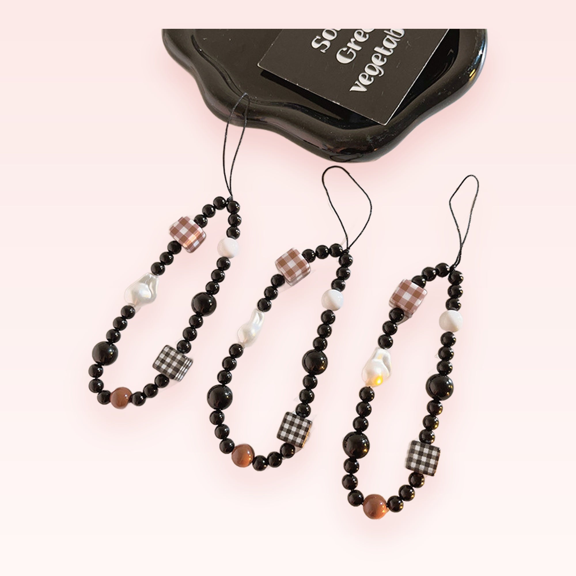Aesthetic Black Beaded Phone Charm Strap | Plaid & Pearl Wrist Lanyard