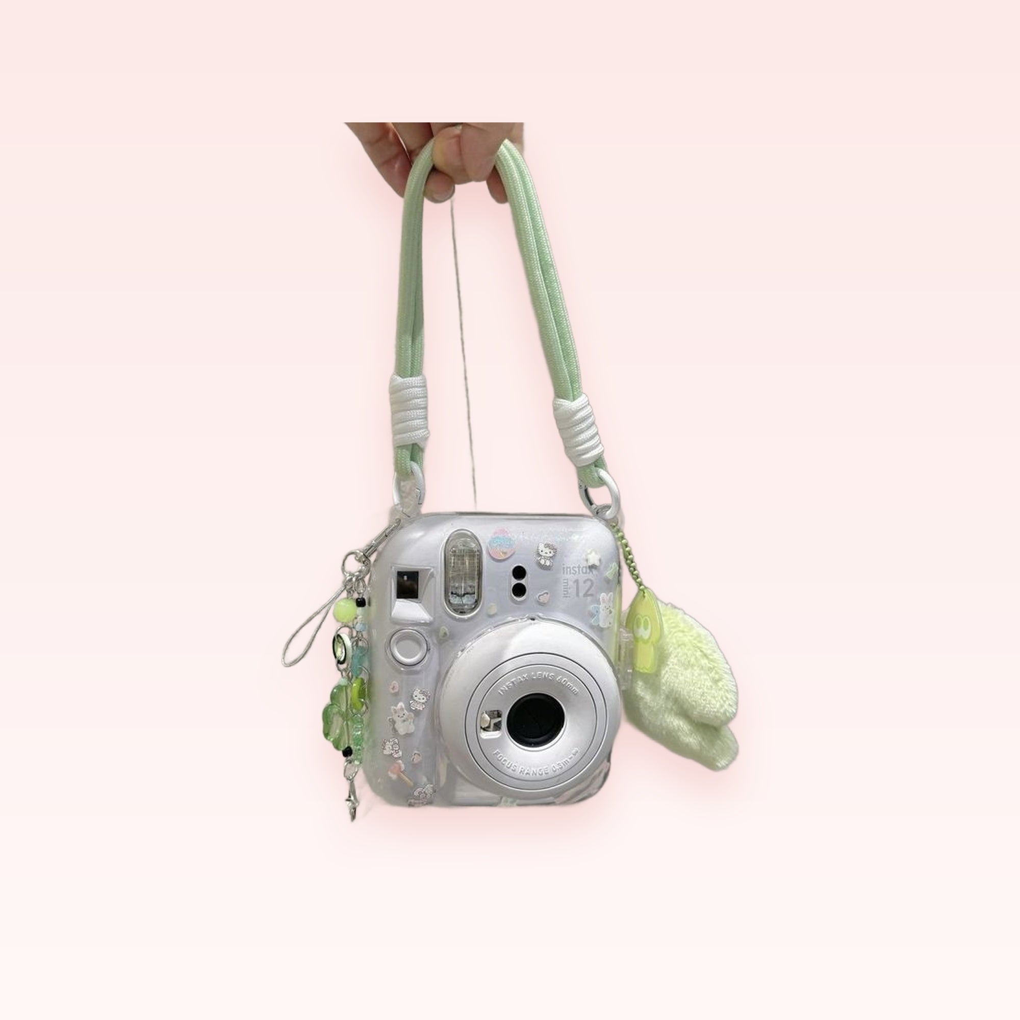 Kawaii Clear Instax Camera Case with Green Beaded Charm & Fluffy Bunny | Aesthetic Camera Strap