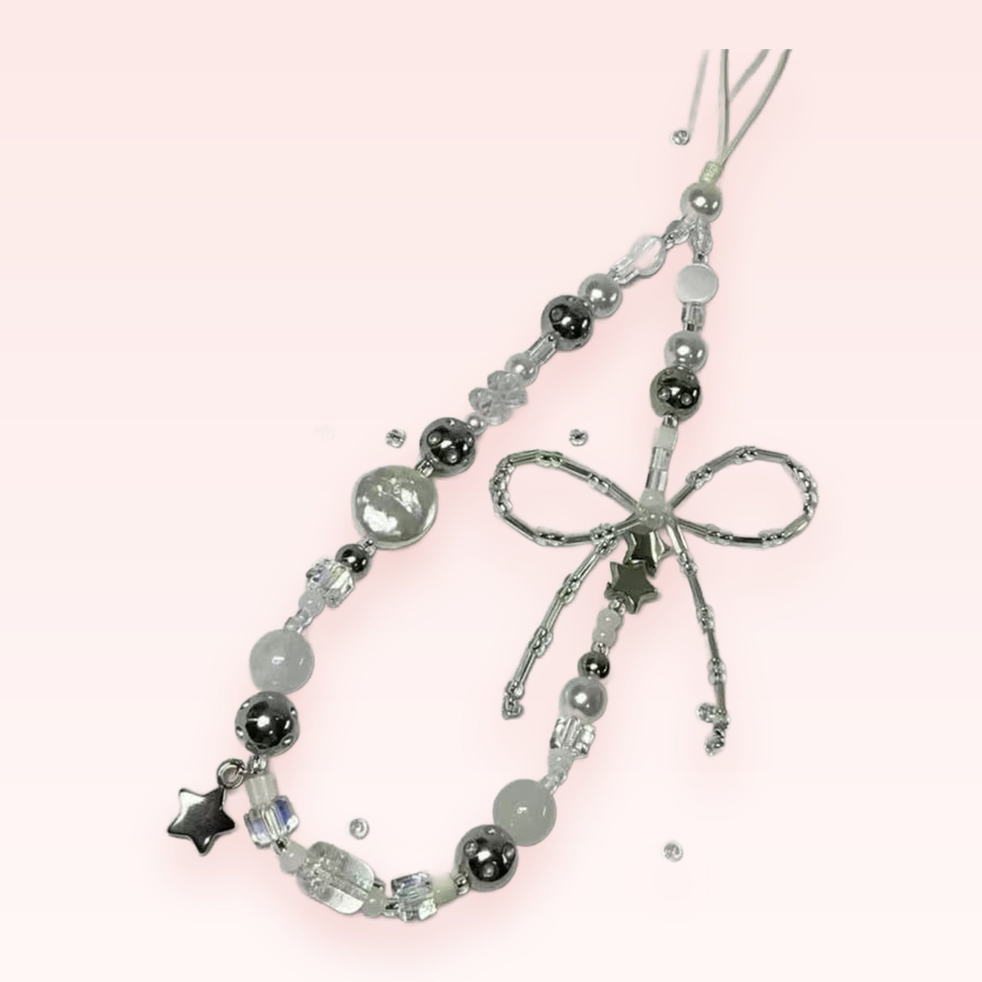 Aesthetic Silver & White Beaded Phone Charm Strap | Cute Star & Bow Wrist Lanyard
