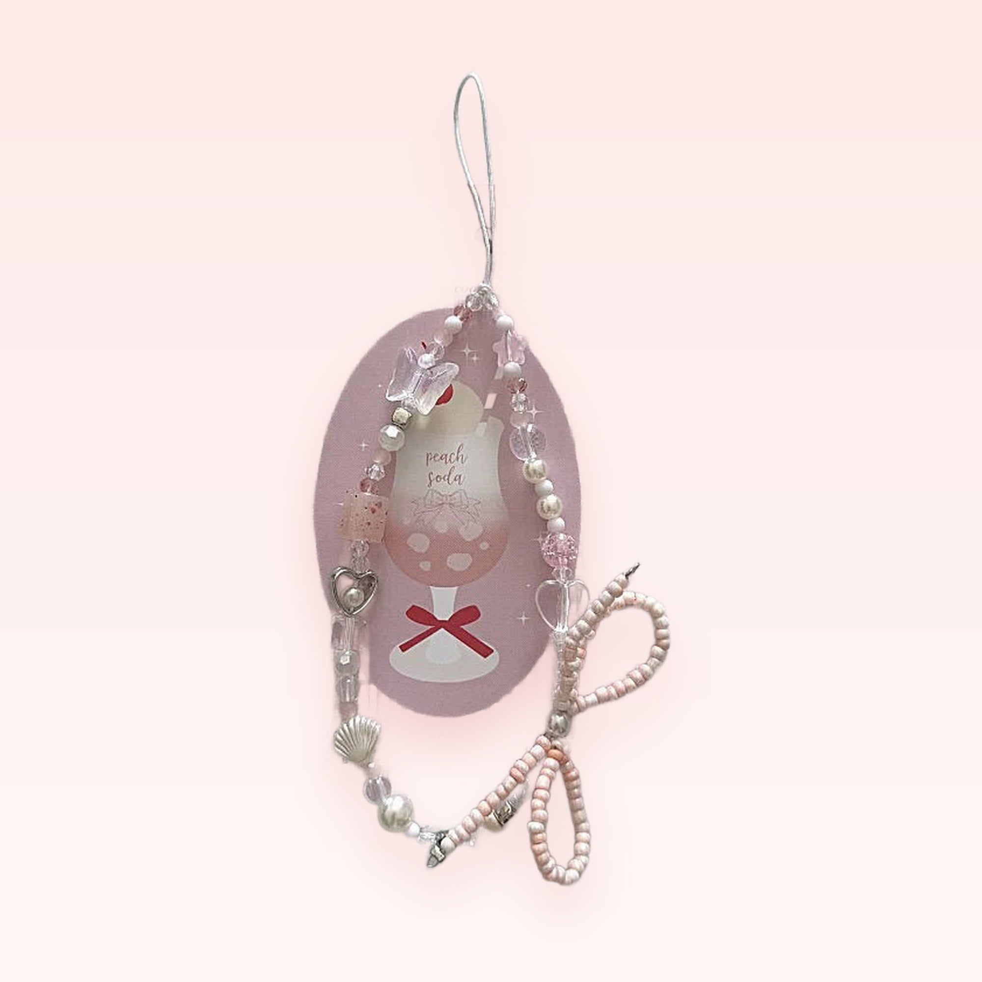 Pastel Pink & Pearl Beaded Phone Charm Strap | Kawaii Heart & Butterfly Wrist Lanyard