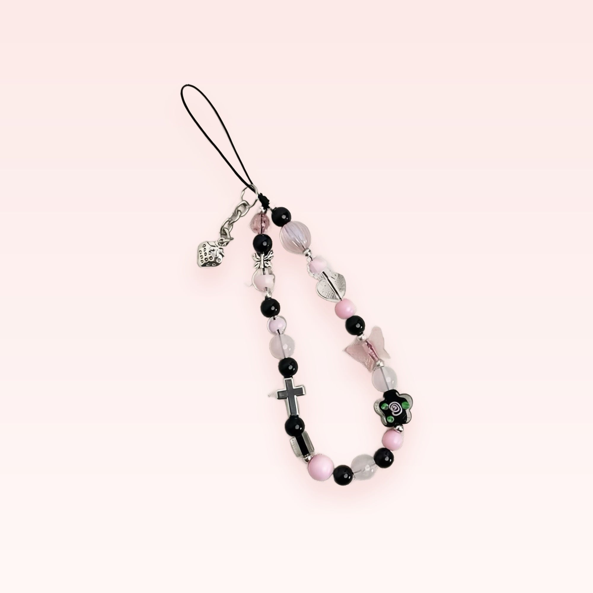Pink & Black Beaded Phone Charm Strap | Aesthetic Cross & Butterfly Wrist Lanyard