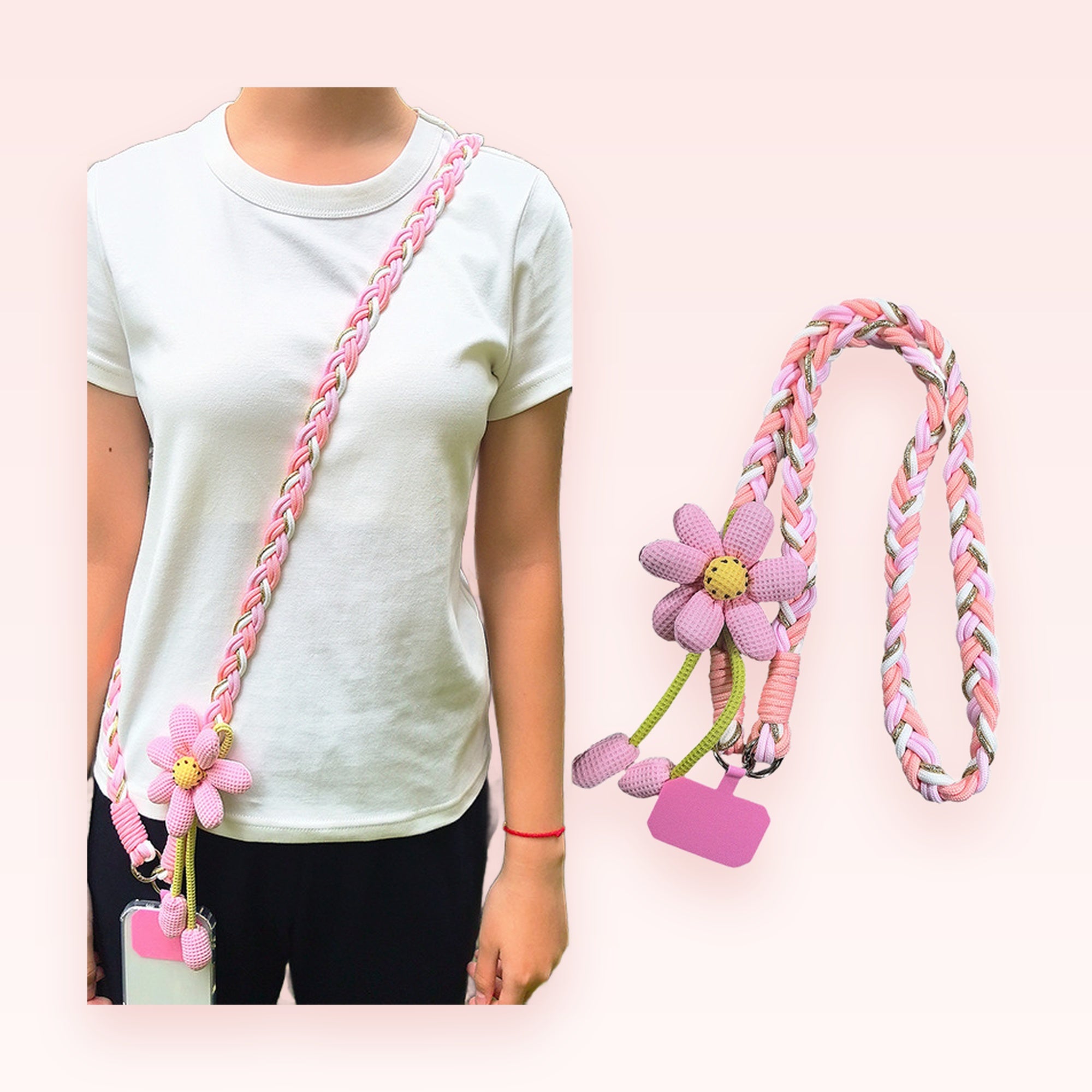Cute Braided Daisy Phone Lanyard | Pink & Gold Crossbody Phone Strap