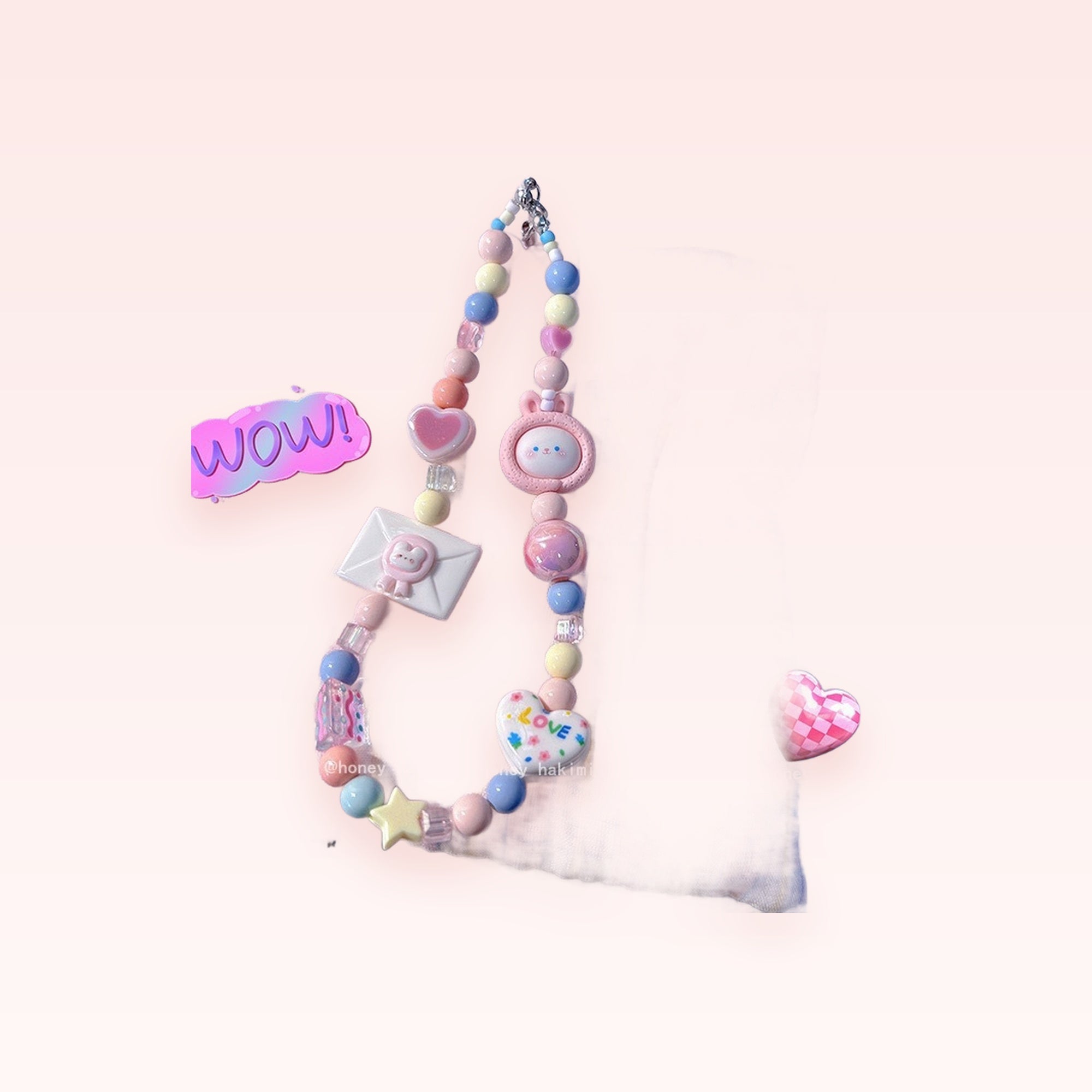 Kawaii Pastel Beaded Phone Charm Strap | Cute Bunny & Heart Wrist Lanyard
