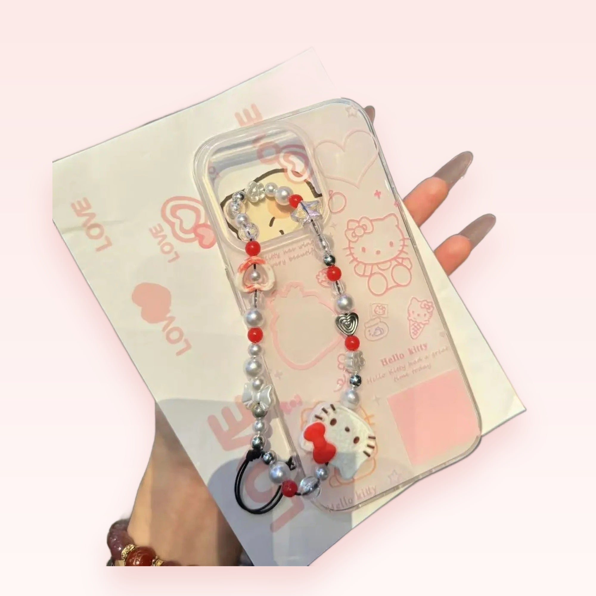 Kawaii Hello Kitty Beaded Phone Charm Strap | Red & Silver Pearl Wrist Lanyard