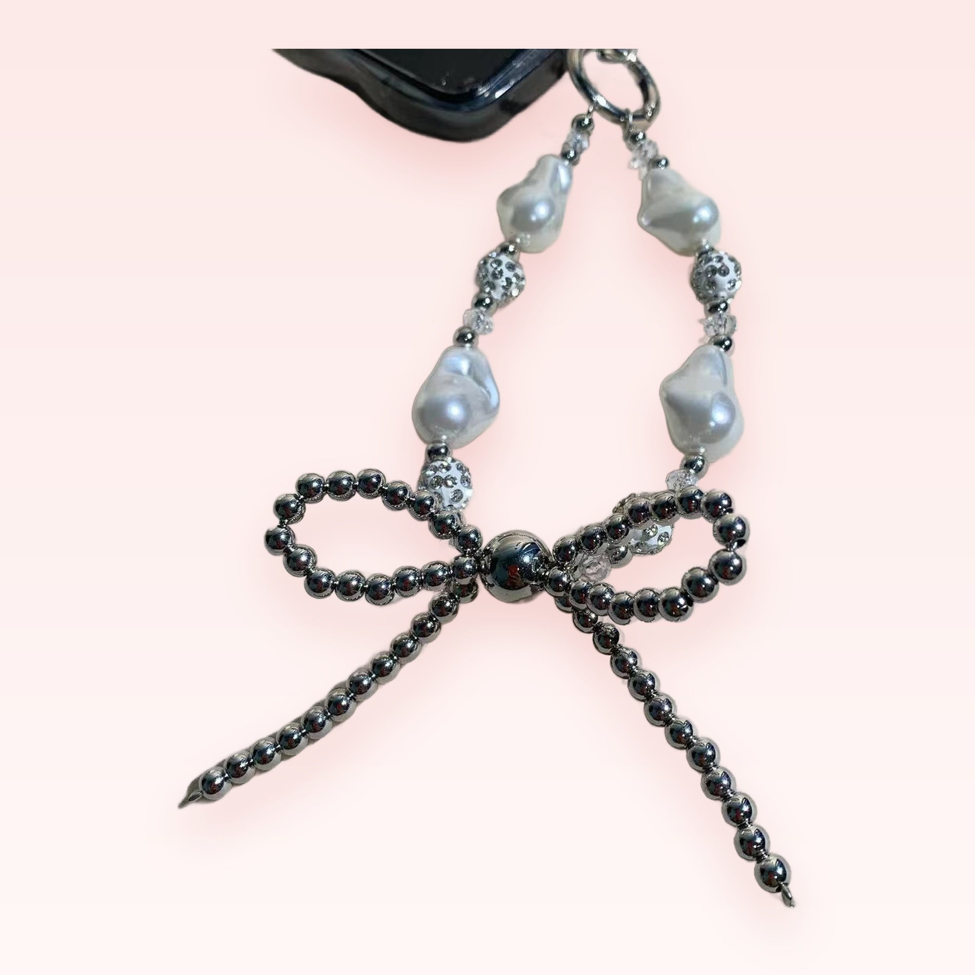 Elegant Baroque Pearl & Silver Beaded Phone Charm | Aesthetic Bow Wrist Strap