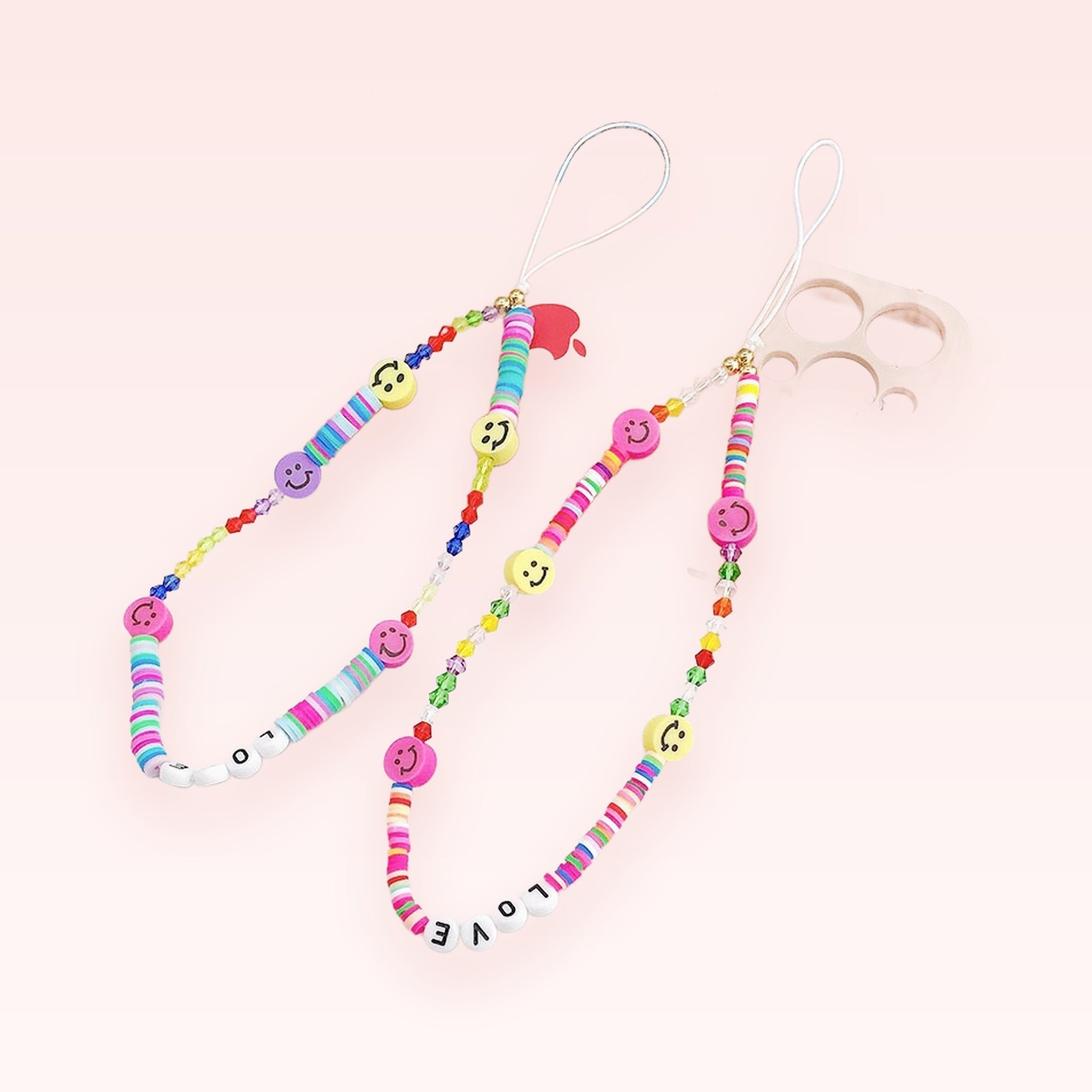 Colorful Smiley Face Beaded Phone Charm | Y2K Rainbow Clay Bead Wrist Strap