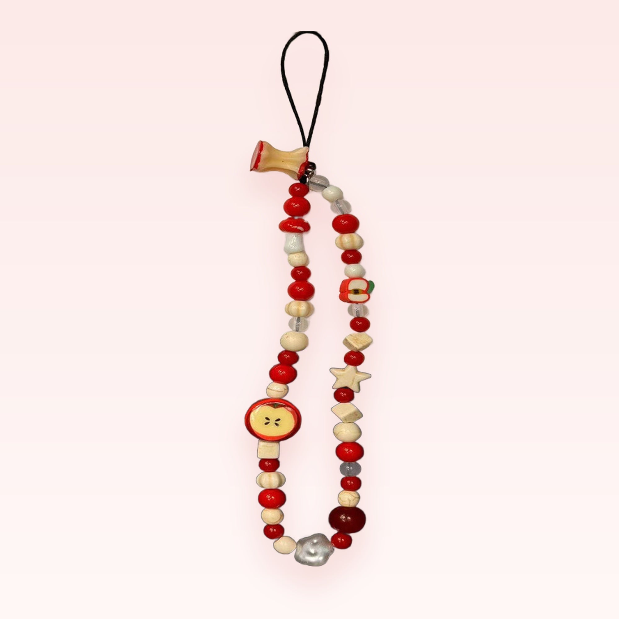 Cute Red & White Beaded Apple Phone Charm | Kawaii Fruit Wrist Lanyard