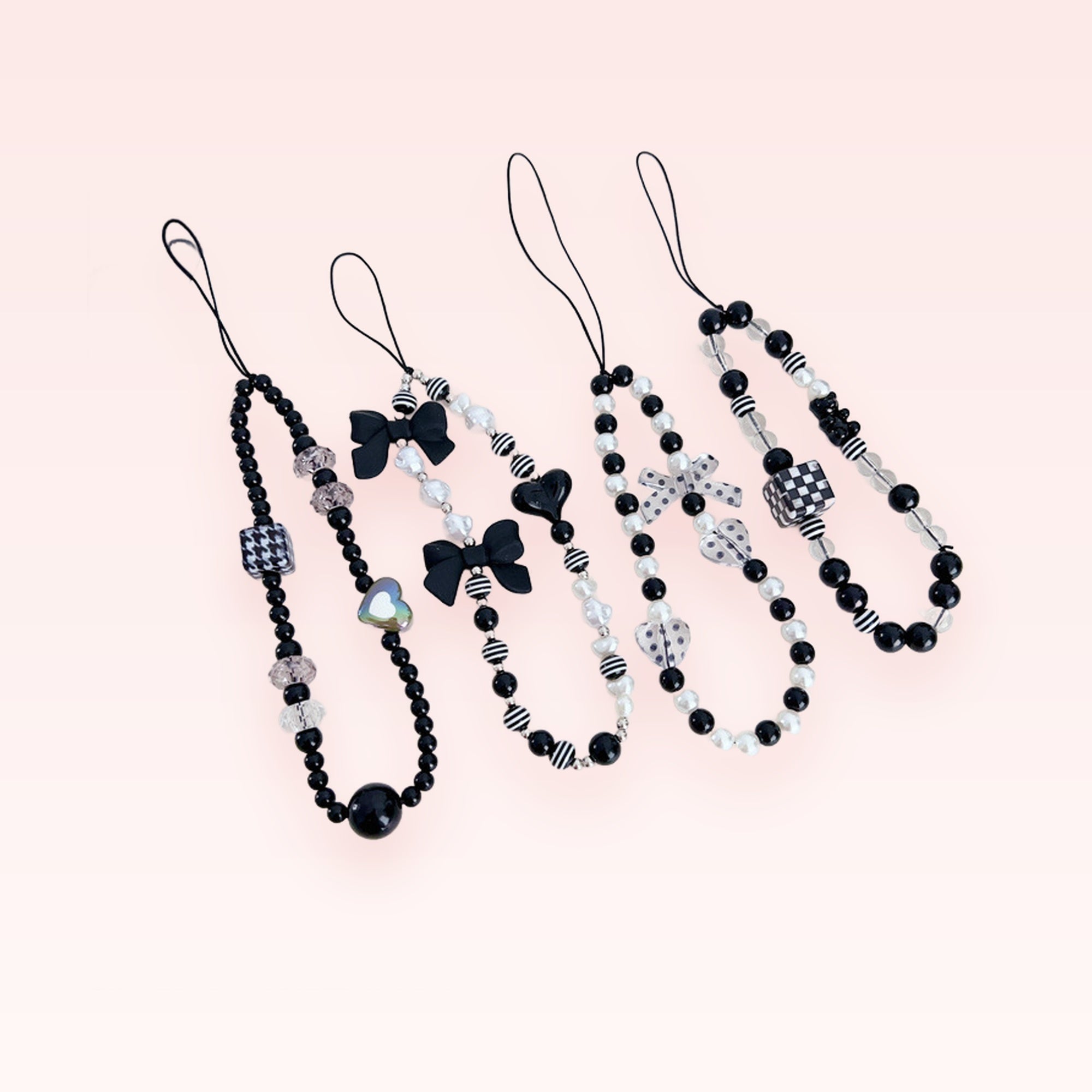 Aesthetic Black & White Beaded Phone Charm Strap | Kawaii Bow & Heart Wrist Lanyard