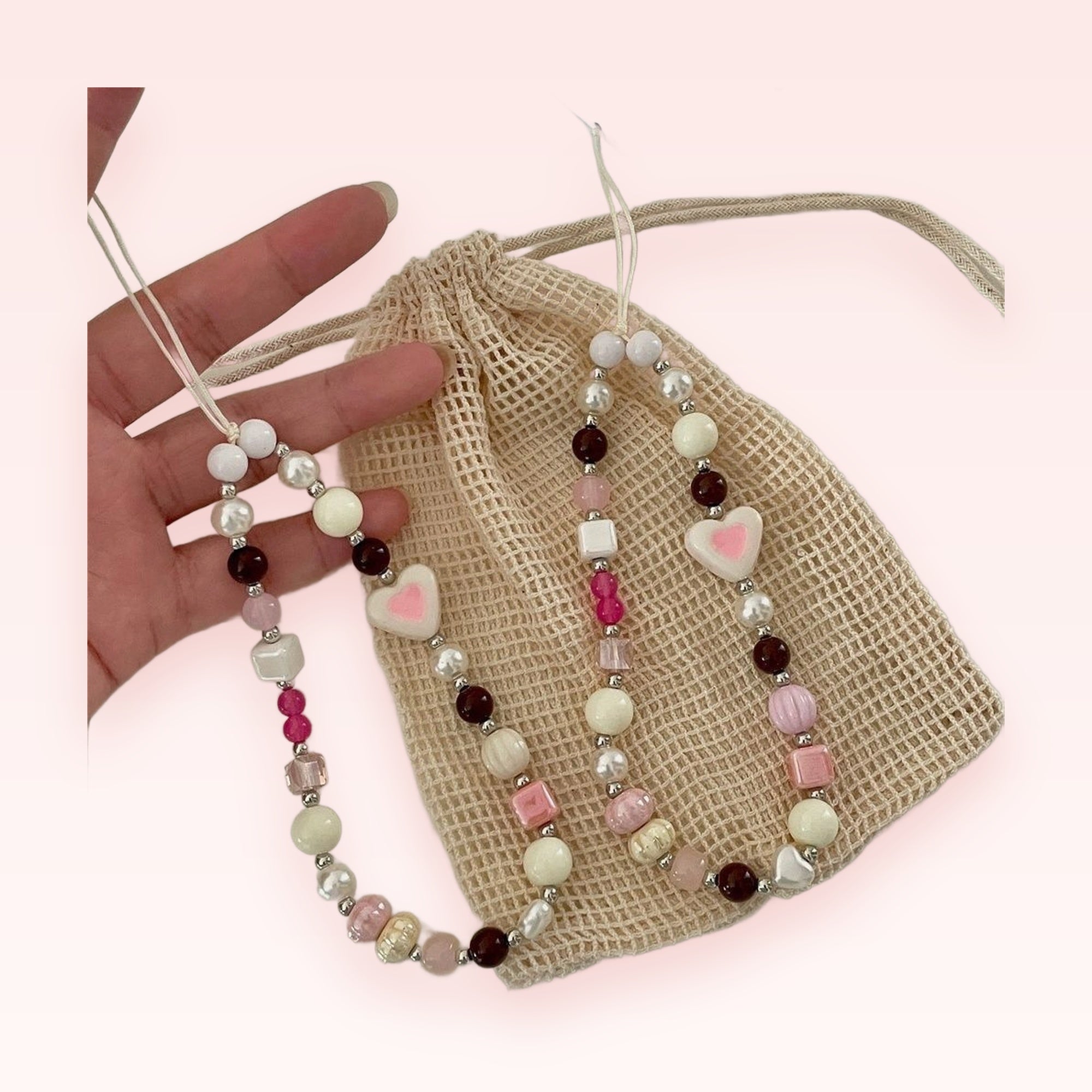 Kawaii Pearl & Heart Beaded Phone Charm Strap | Pastel Pink & Brown Wrist Lanyard