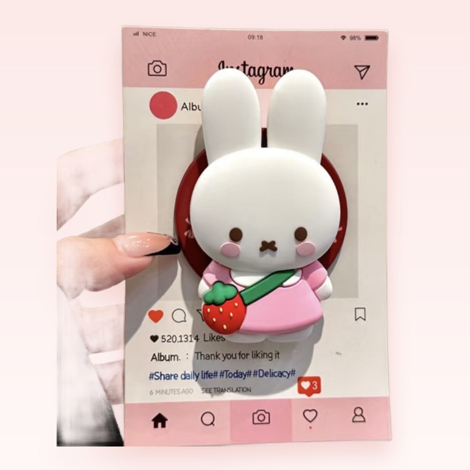 Kawaii White Bunny Phone Grip | Cute Strawberry Pop Socket Stand
