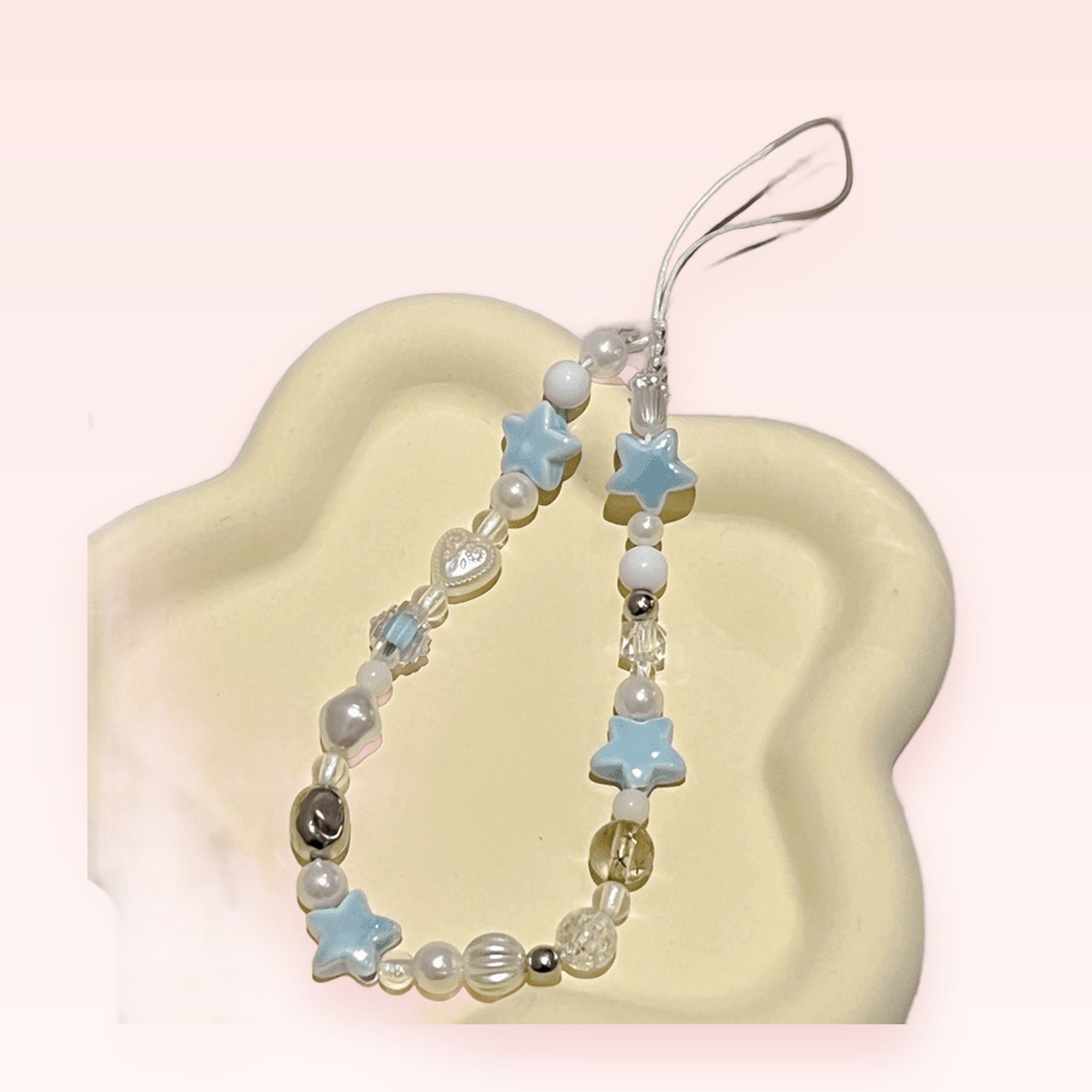 Kawaii Pastel Blue Star & Pearl Phone Charm | Aesthetic Beaded Wrist Strap
