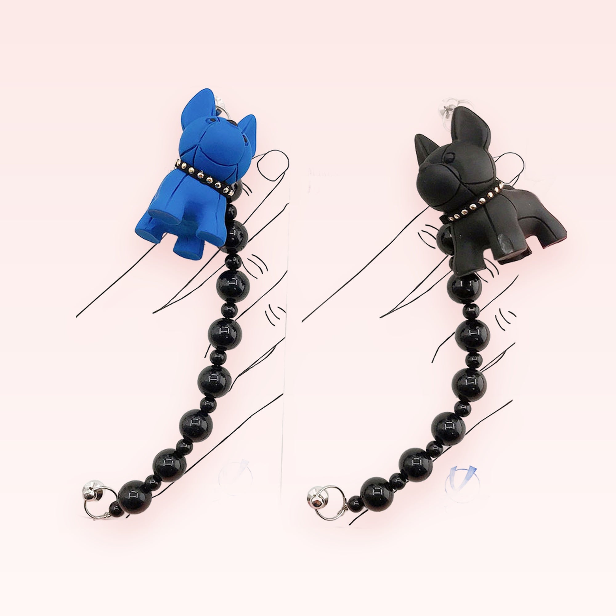 Kawaii French Bulldog Phone Charm Strap | Blue & Black Beaded Wrist Lanyard