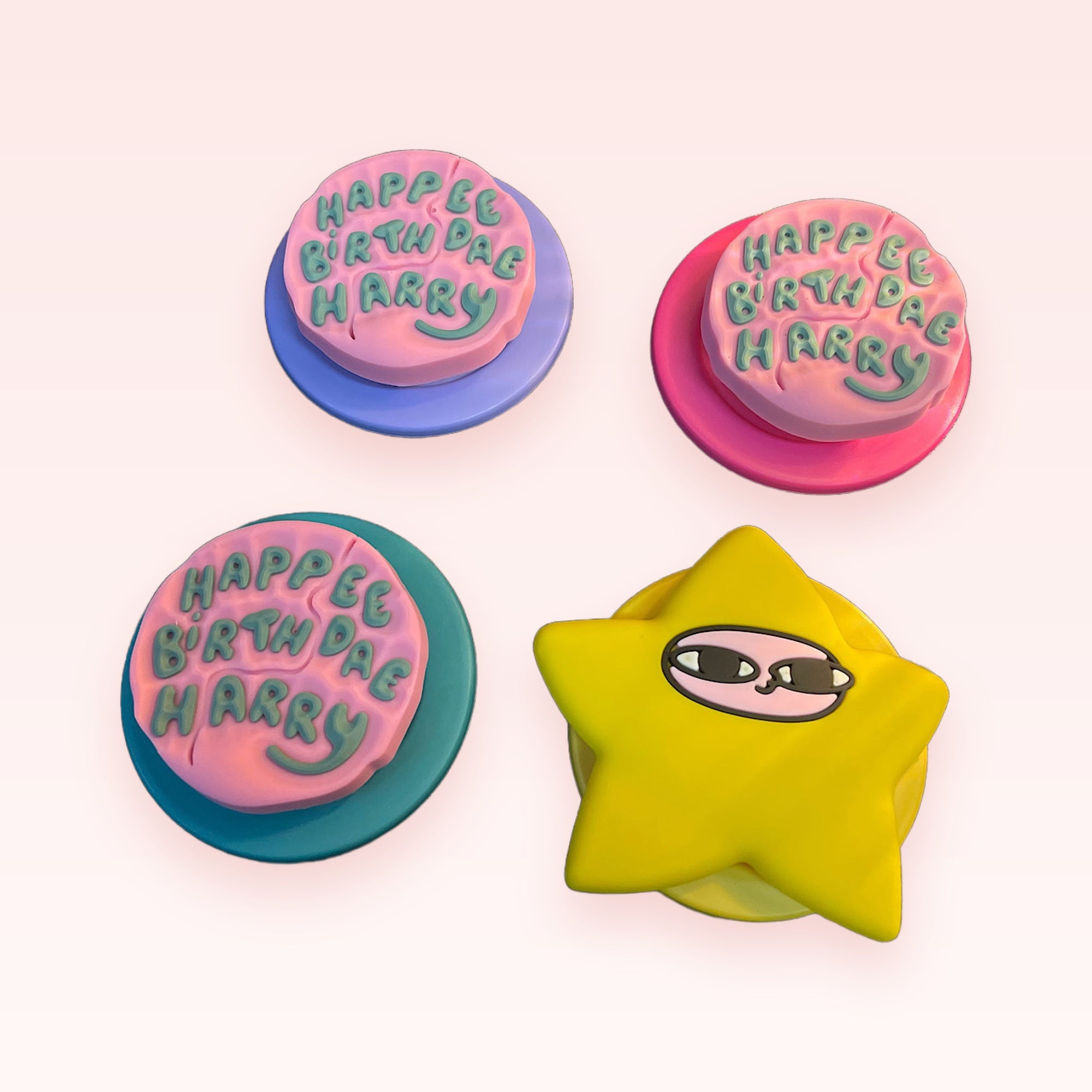 Kawaii Pink Birthday Cake & Yellow Star Phone Grips | Cute Pop Socket Stands