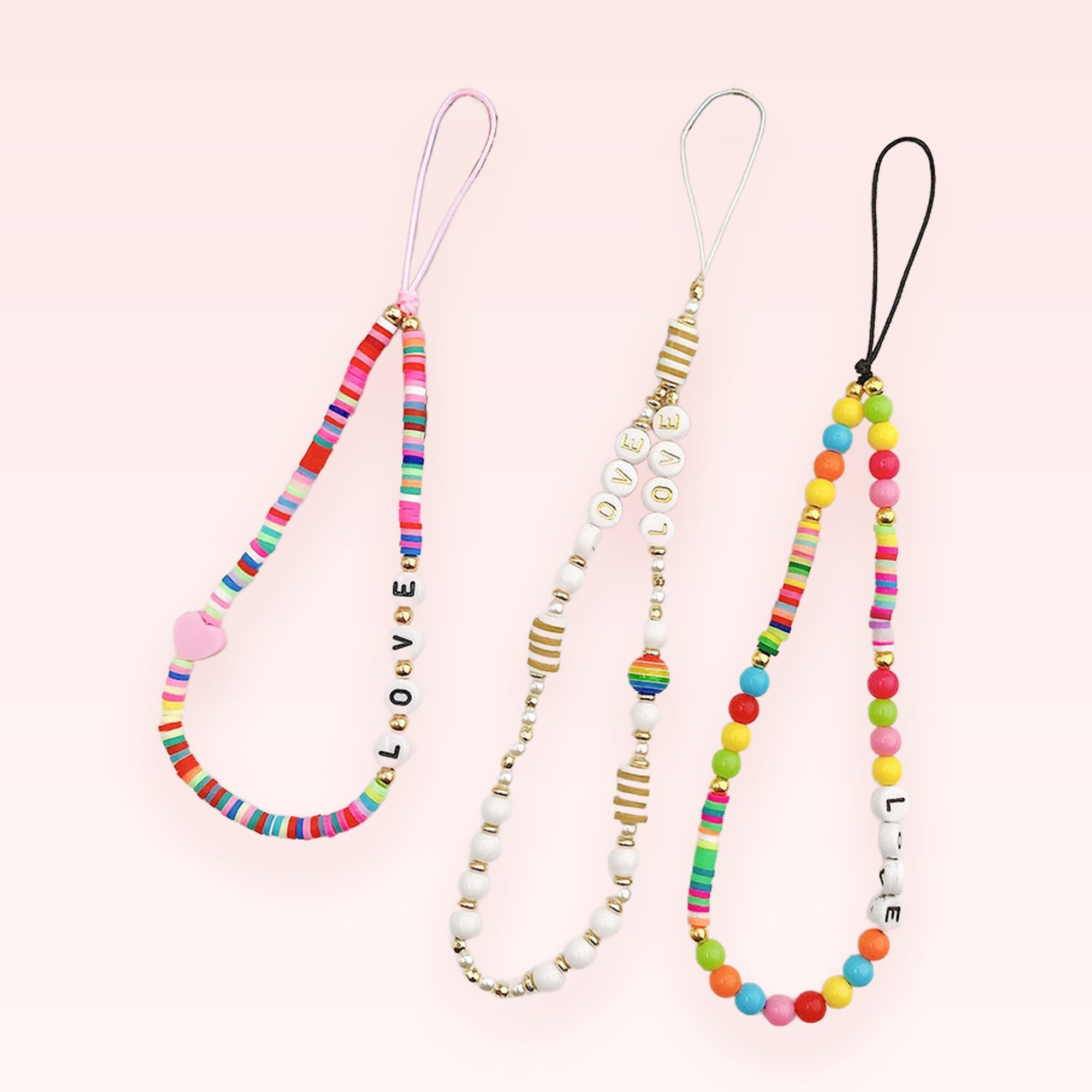 Aesthetic Beaded Phone Charm Strap with "LOVE" Letter Beads | Rainbow Clay Disc Wrist Lanyard
