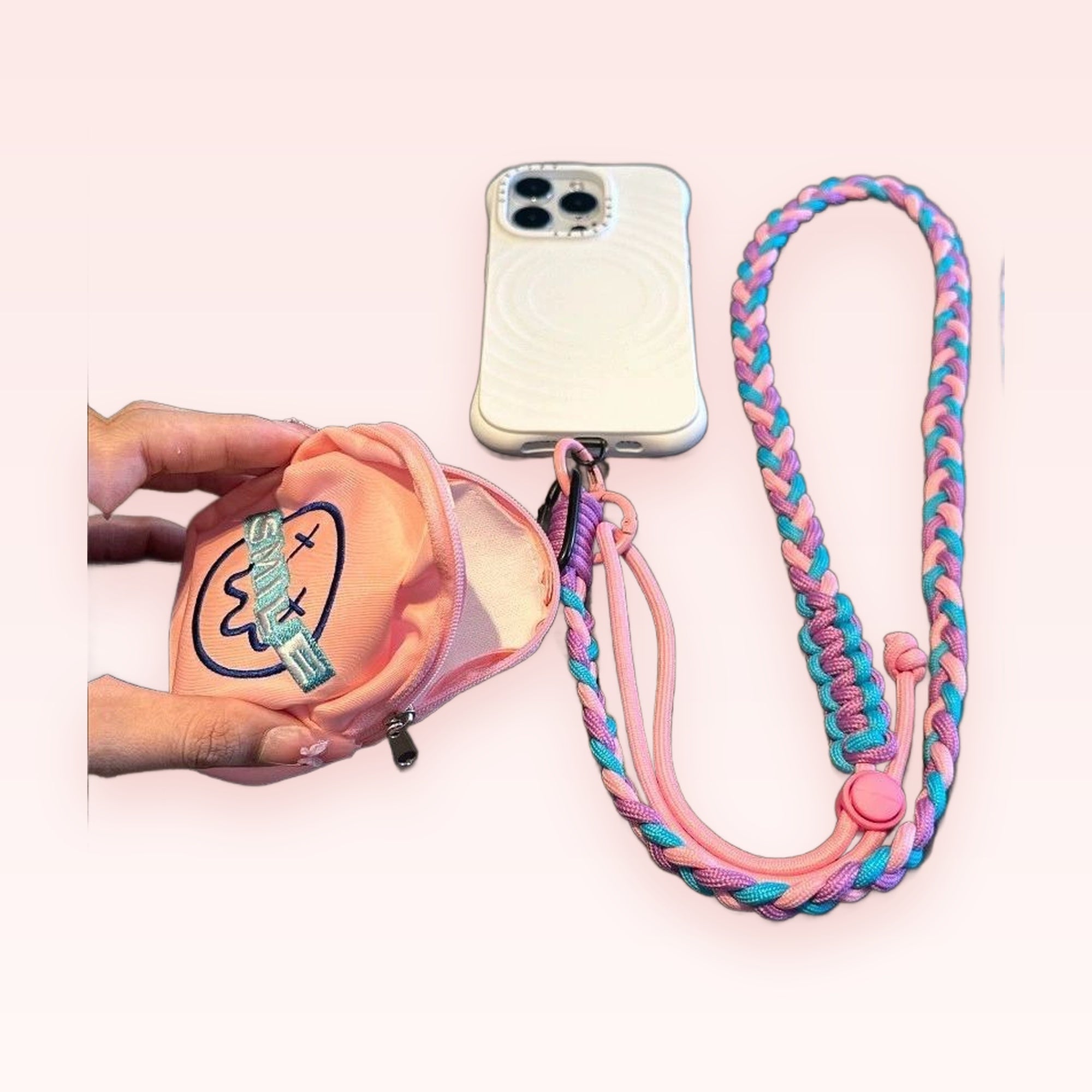 Braided Pastel Pink, Purple & Blue Phone Lanyard with Mini Pouch | Aesthetic Crossbody Strap