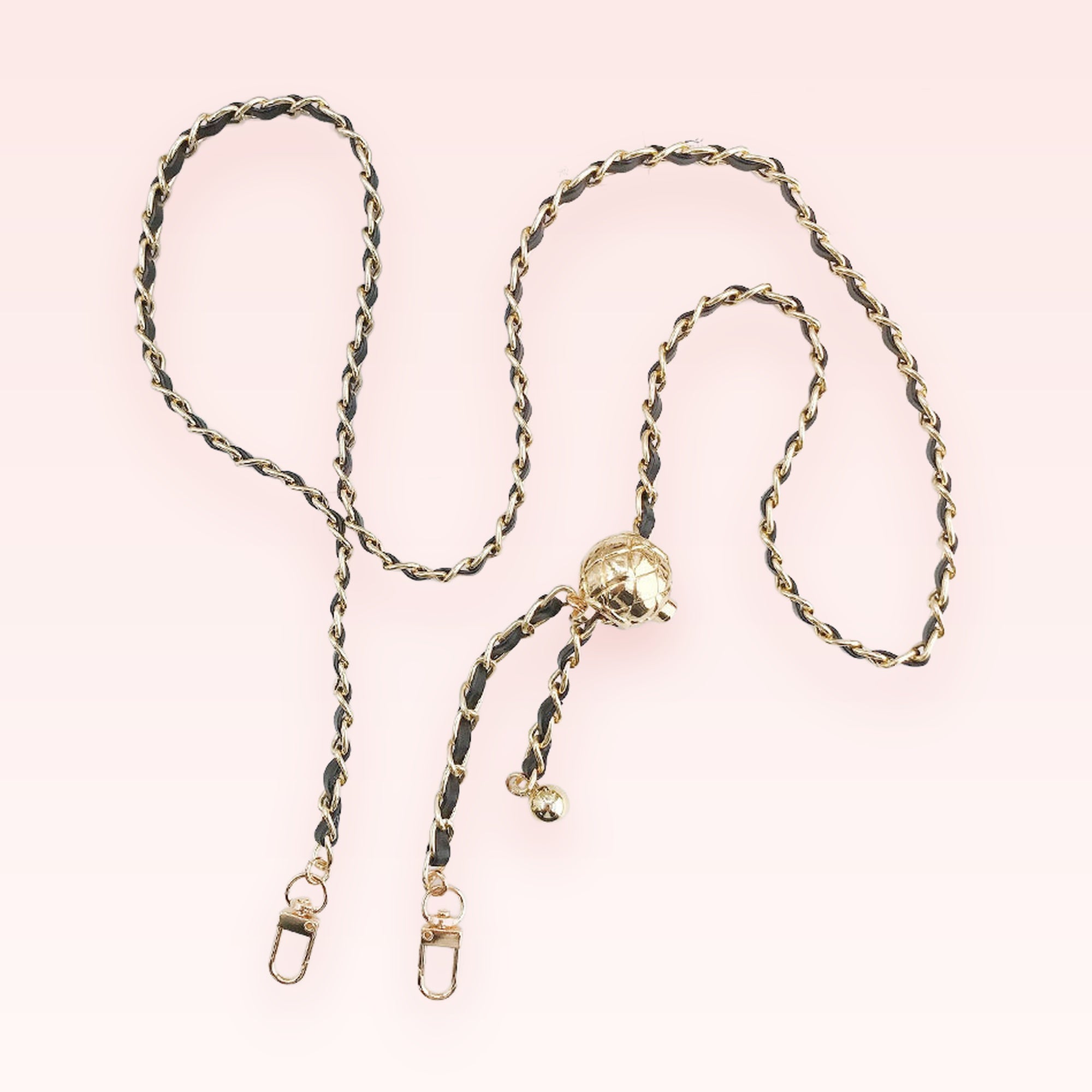 Chic Black Leather & Gold Chain Phone Charm | Adjustable Lanyard Strap