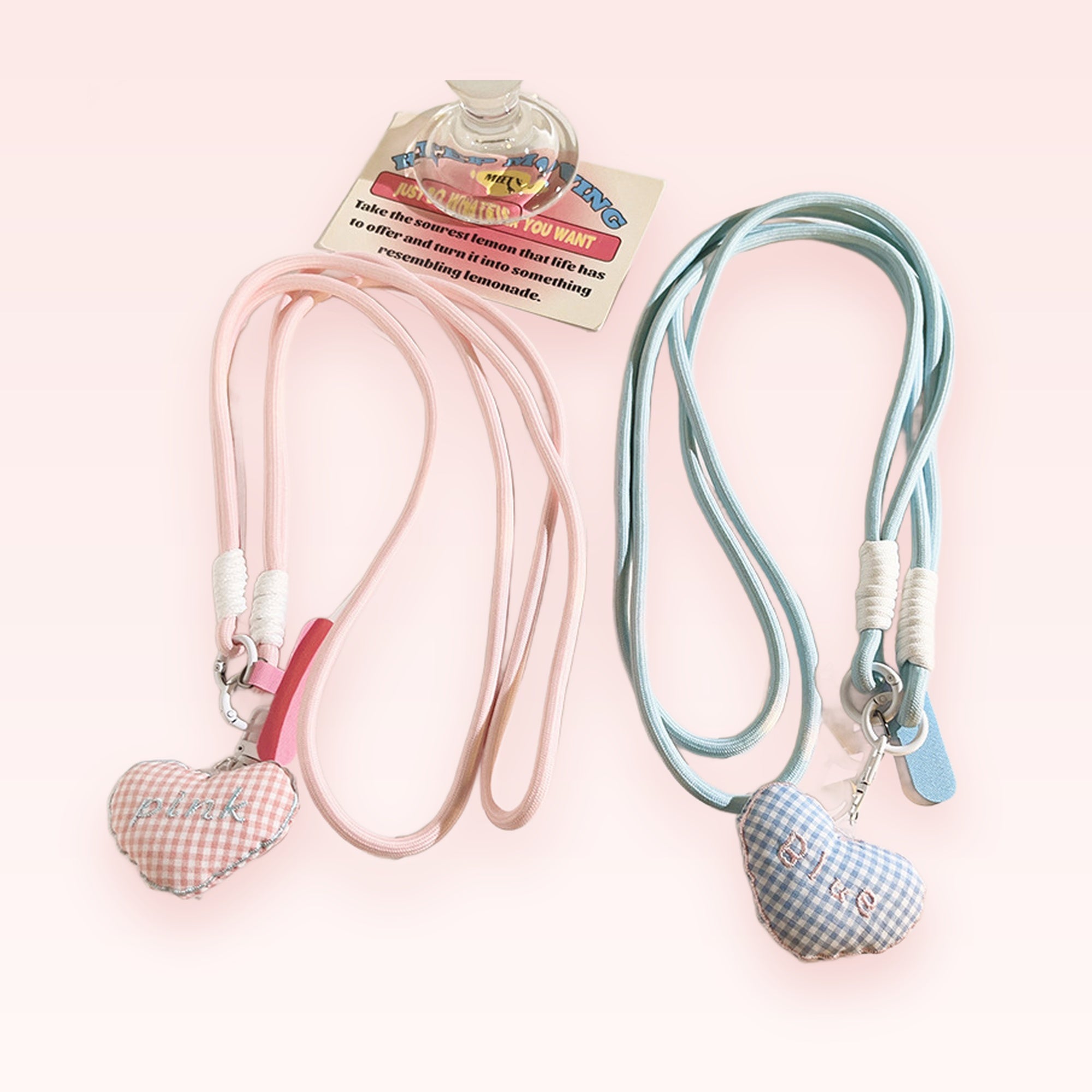 Kawaii Gingham Heart Phone Lanyard | Pastel Pink & Blue Crossbody Strap