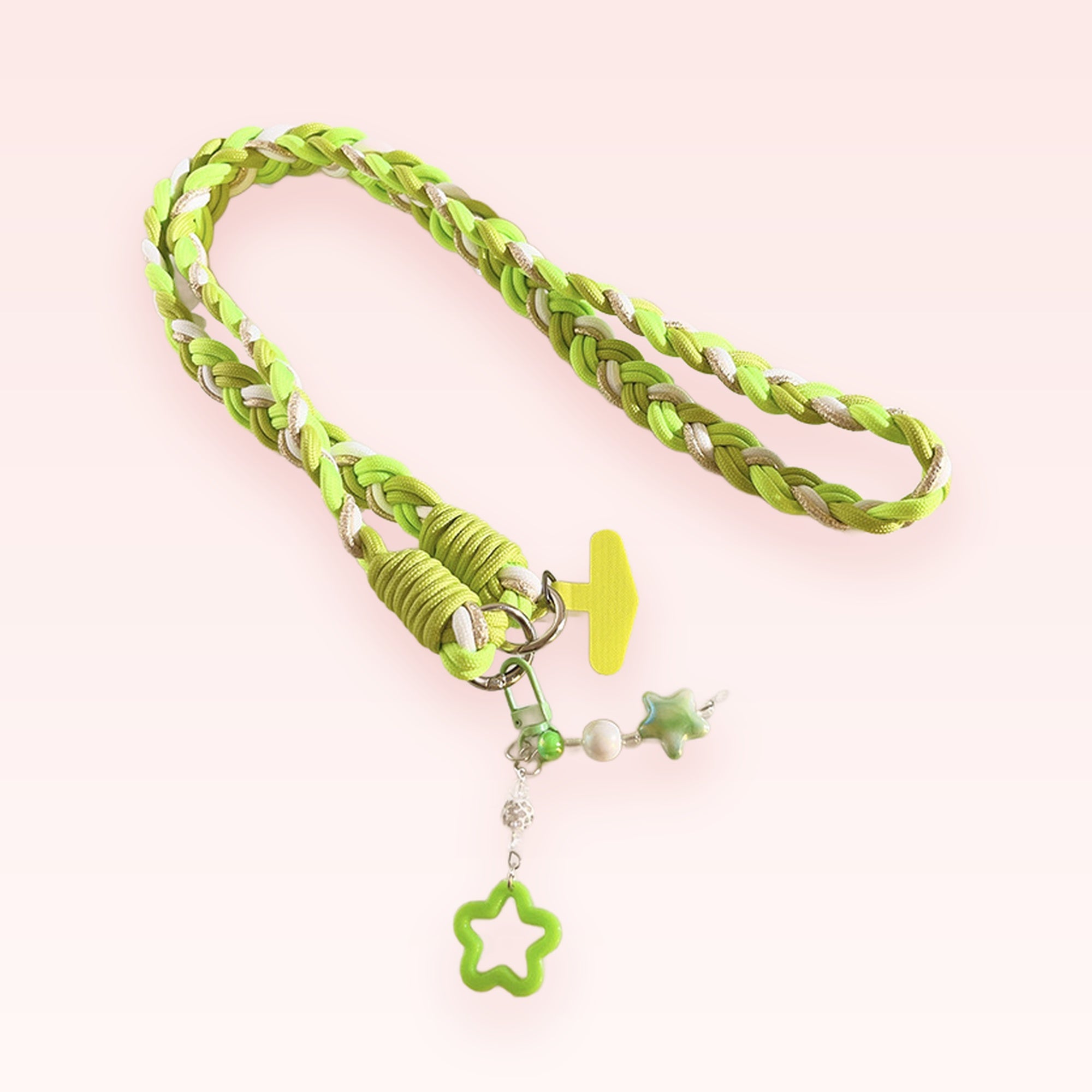 Braided Green & White Phone Charm Lanyard | Cute Star Beaded Wrist Strap