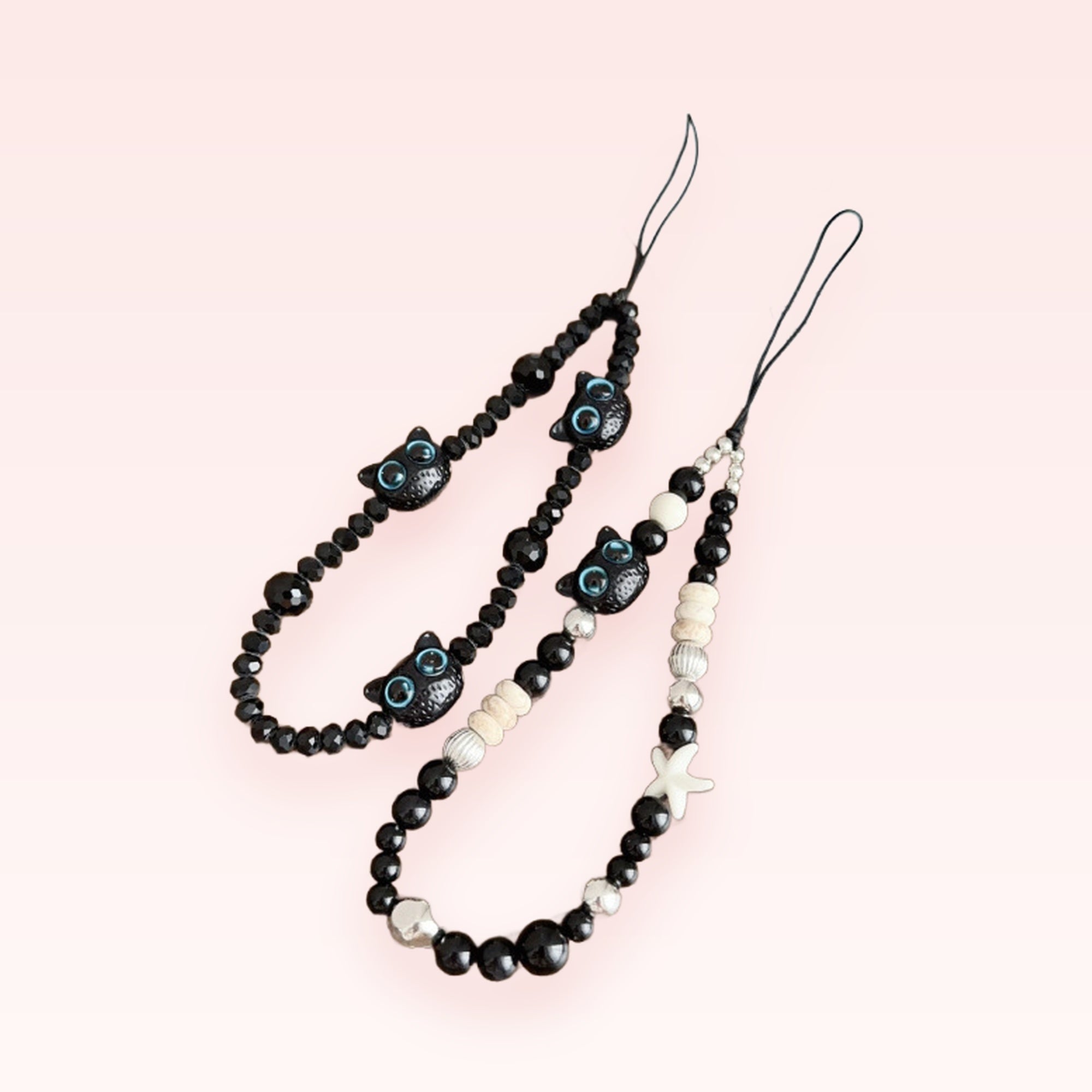 Kawaii Black Cat Beaded Phone Charm | Aesthetic Starfish Wrist Strap