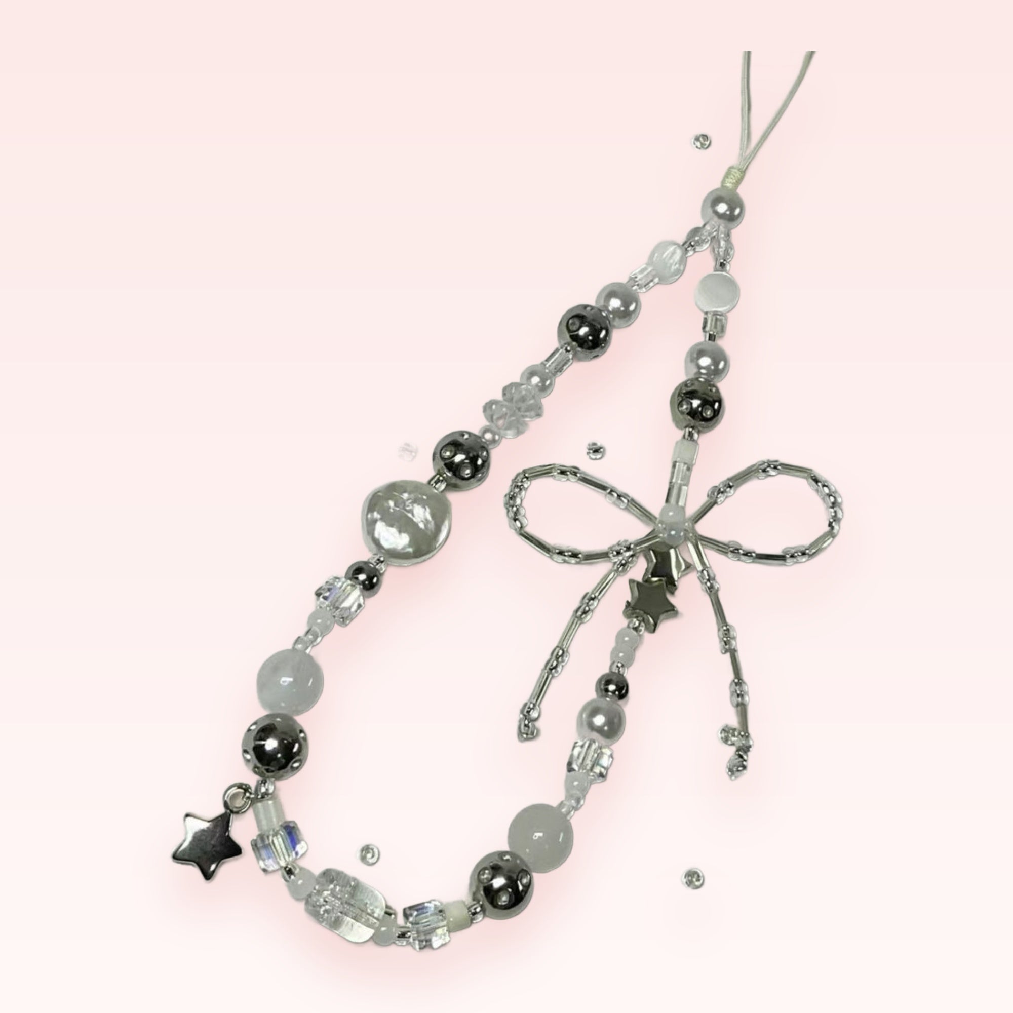 Aesthetic Silver & White Beaded Phone Charm | Cute Star & Bow Wrist Strap