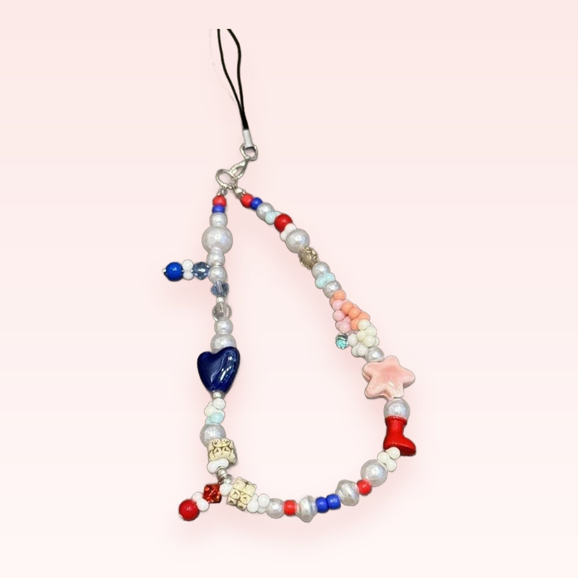 Kawaii Pearl & Beaded Phone Charm | Red, White, Blue & Pastel Y2K Wrist Strap