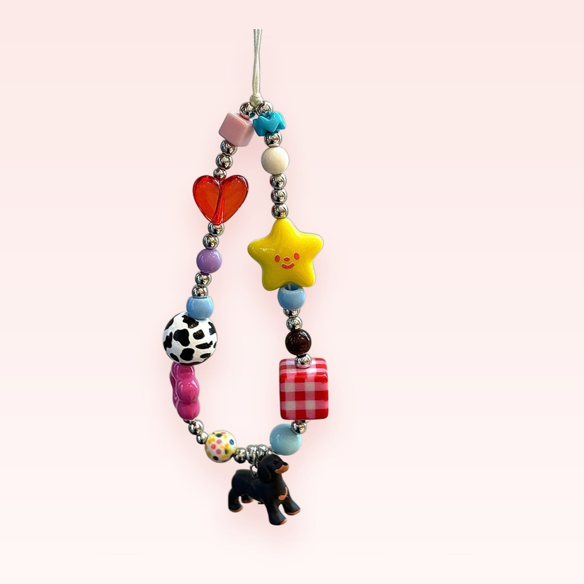 Kawaii Beaded Phone Charm Strap | Colorful Y2K Heart Star Dog Cow Print Wrist Lanyard