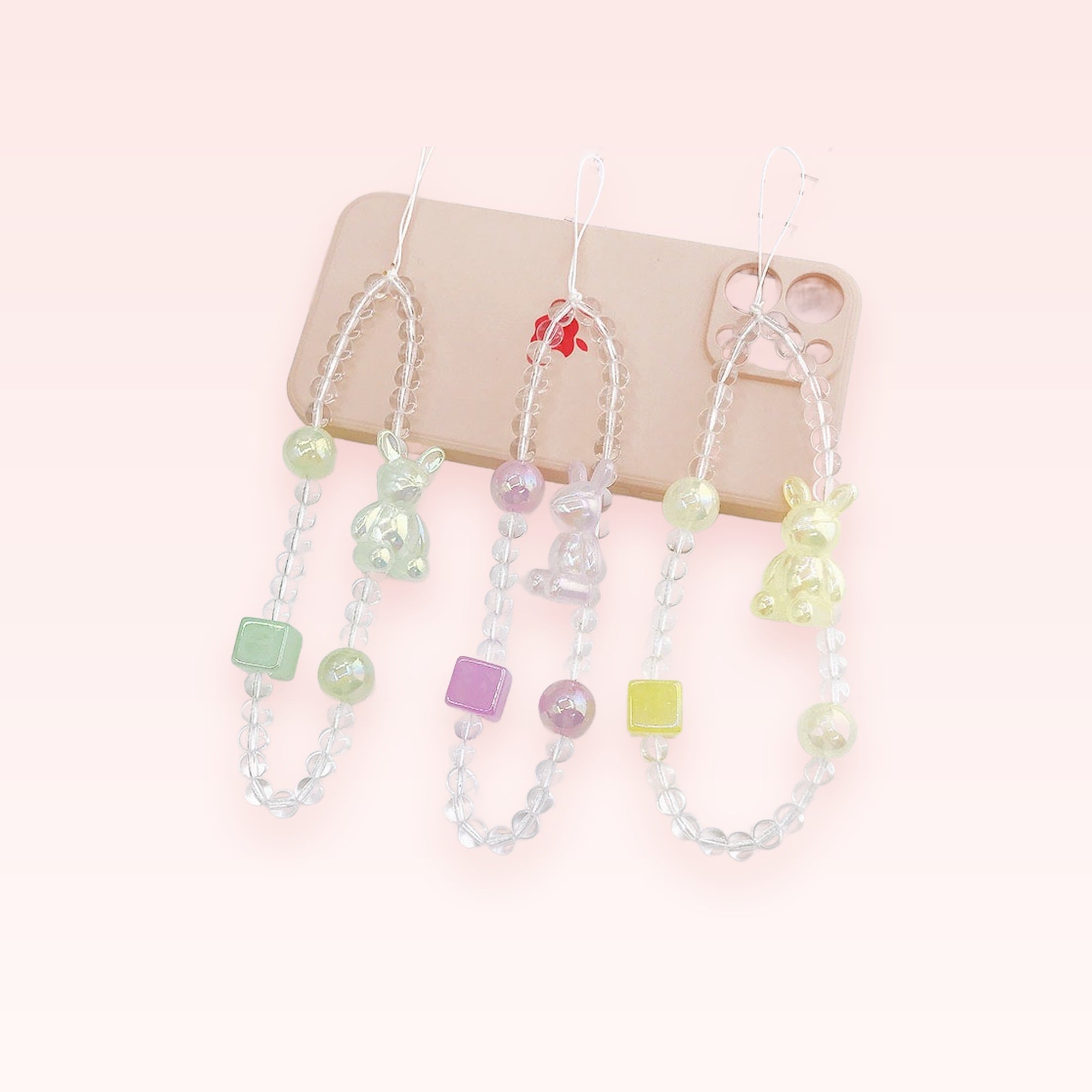 Kawaii Iridescent Bunny Phone Charm | Pastel Beaded Wrist Lanyard