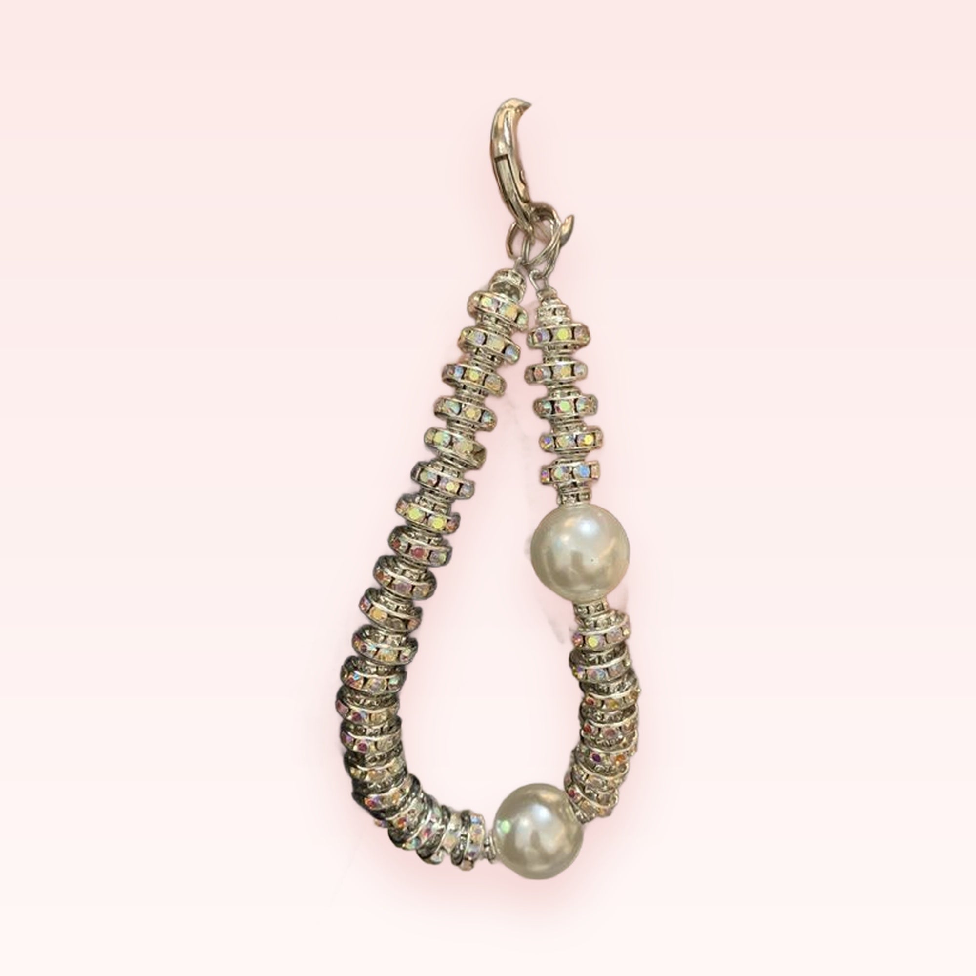 SIMPLYBUBBI — Shimmering Silver & Pearl Phone Wristlet | Rhinestone Bead Lanyard