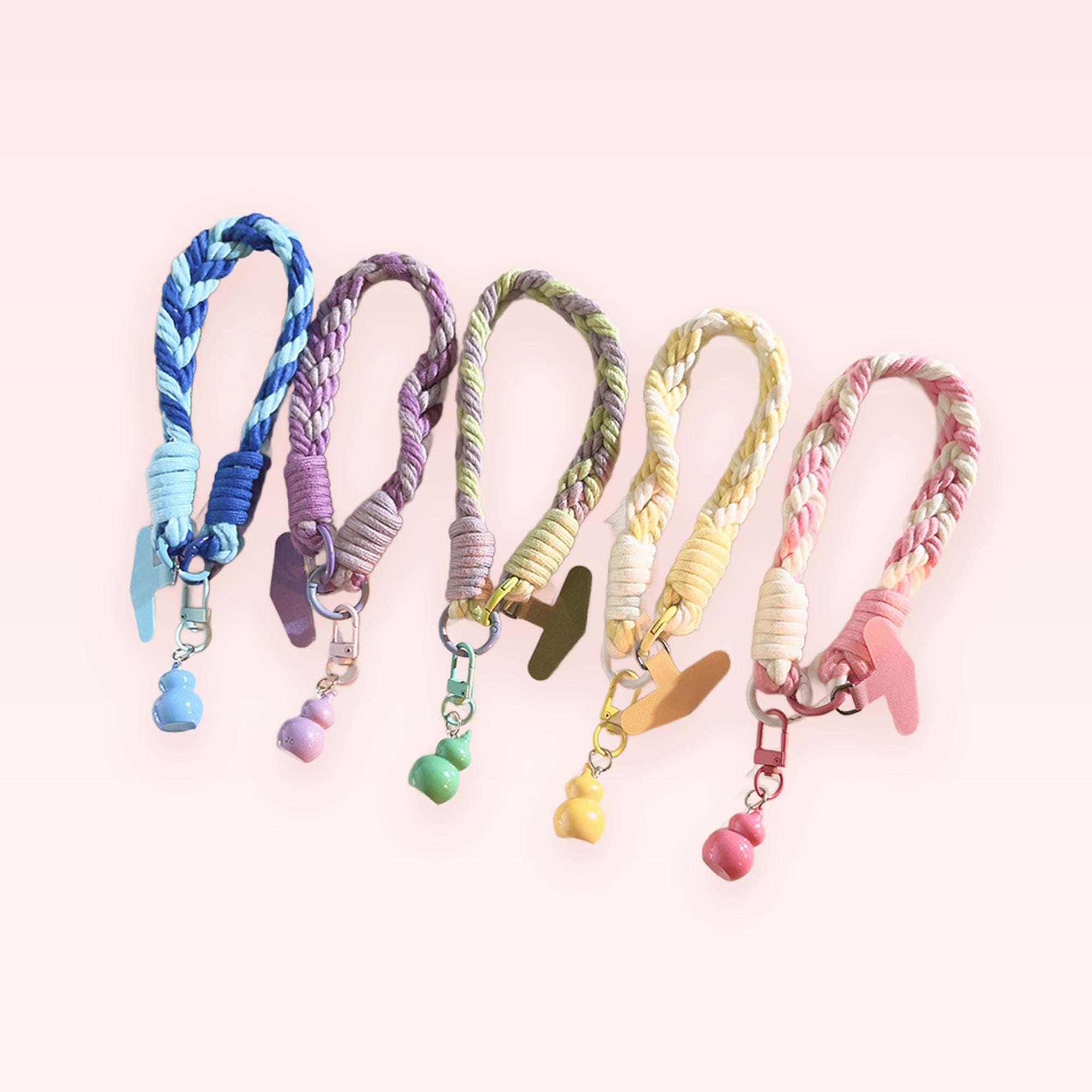 Braided Wrist Phone Charm Strap with Gourd Pendant | Pastel Woven Lanyard