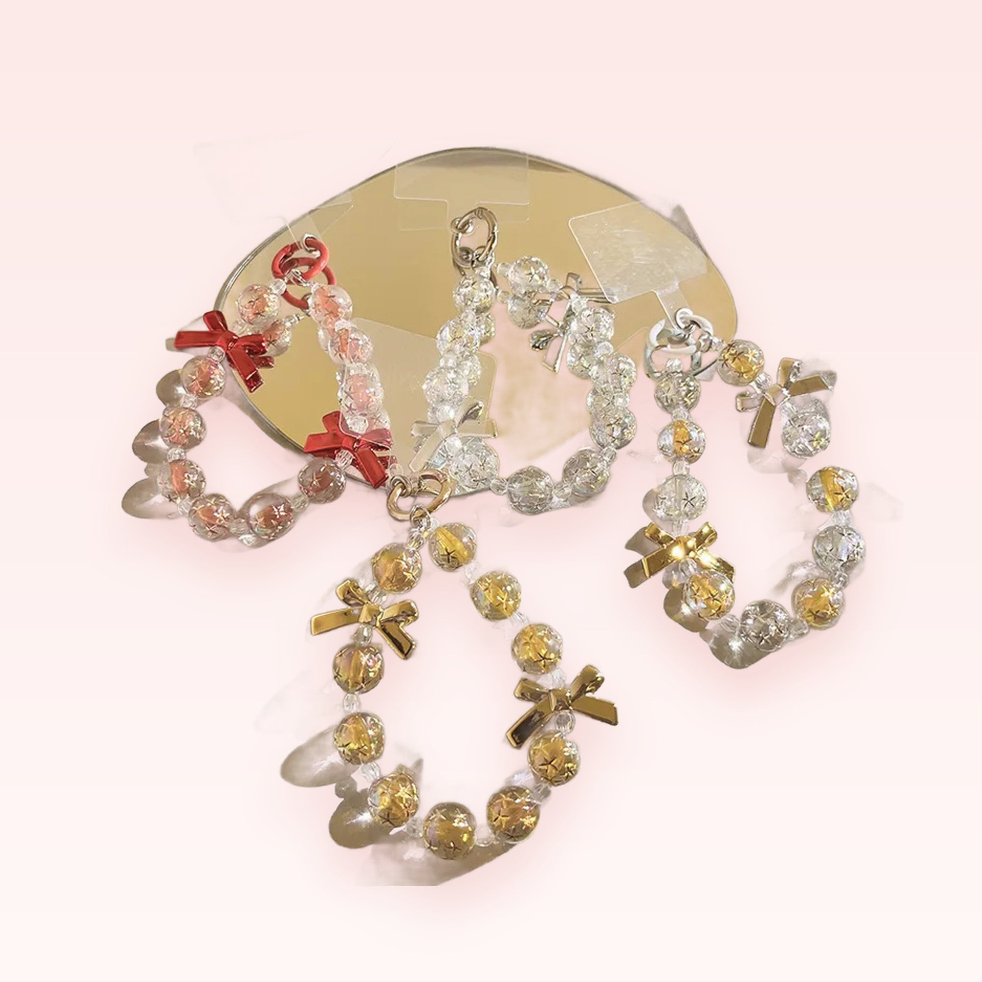 Sparkling Bowknot Beaded Phone Charm | Cute Clear & Gold Wrist Strap