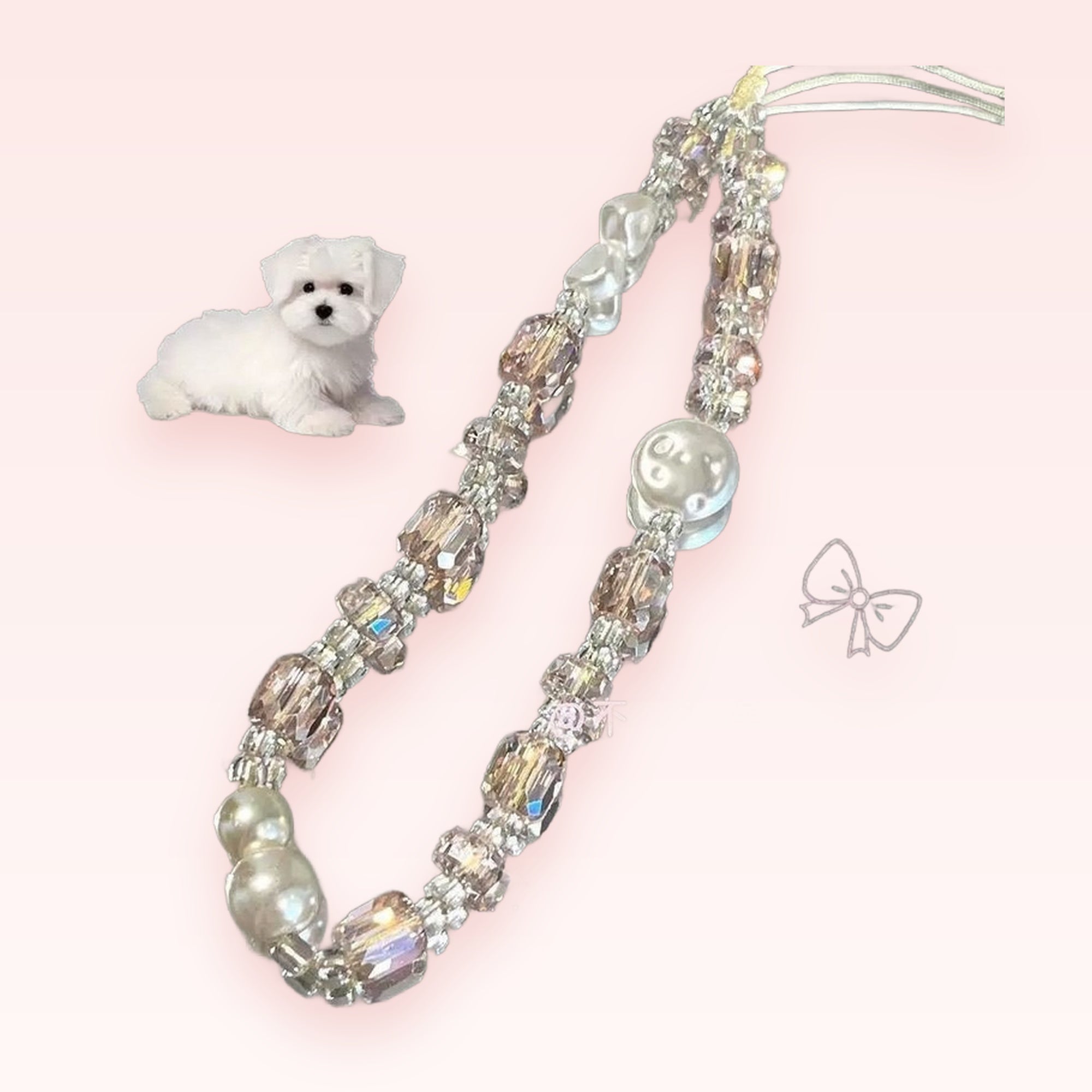 Sparkling Crystal & Pearl Phone Charm Strap | Aesthetic Beaded Wrist Lanyard
