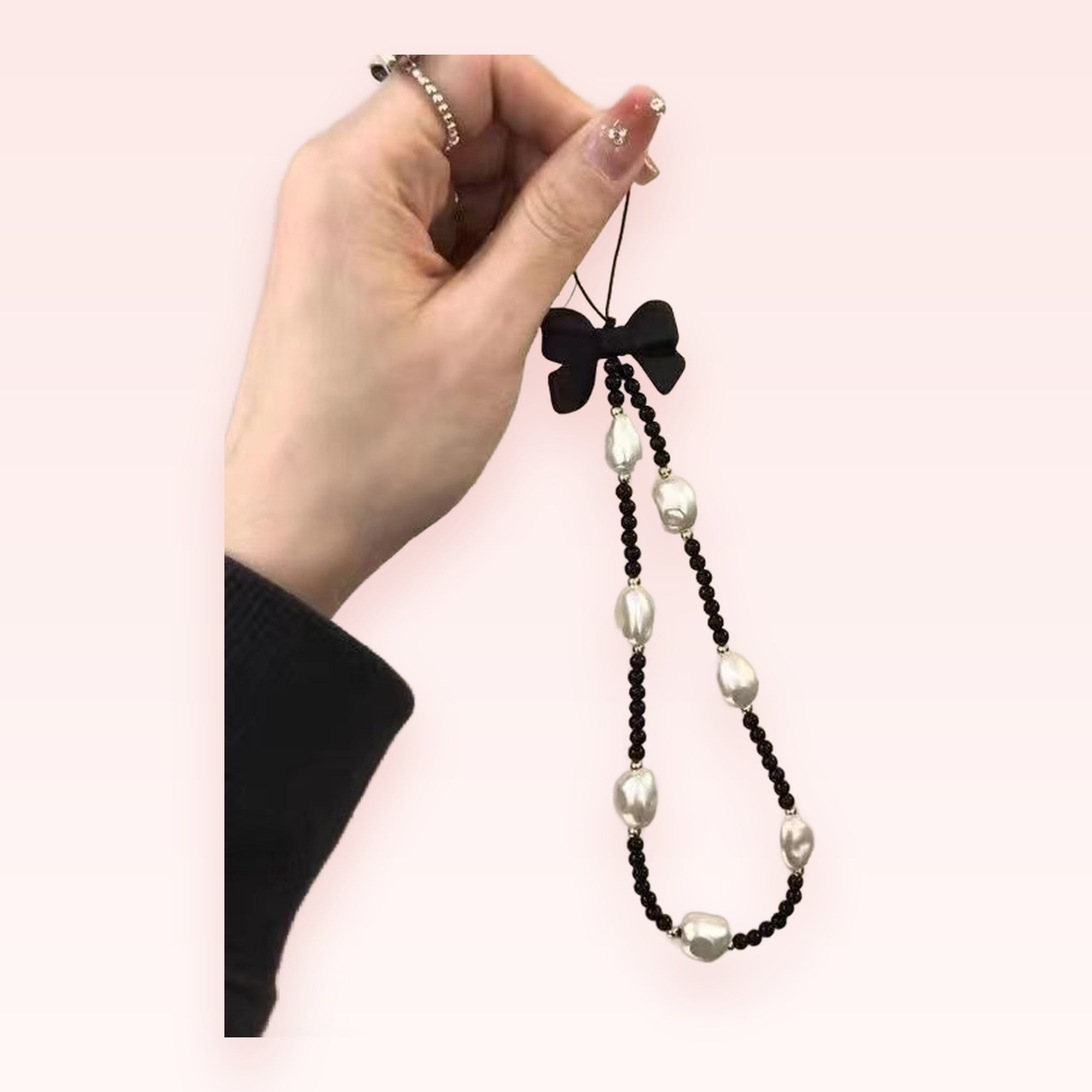 Black Bow & Baroque Pearl Phone Charm | Aesthetic Beaded Phone Lanyard