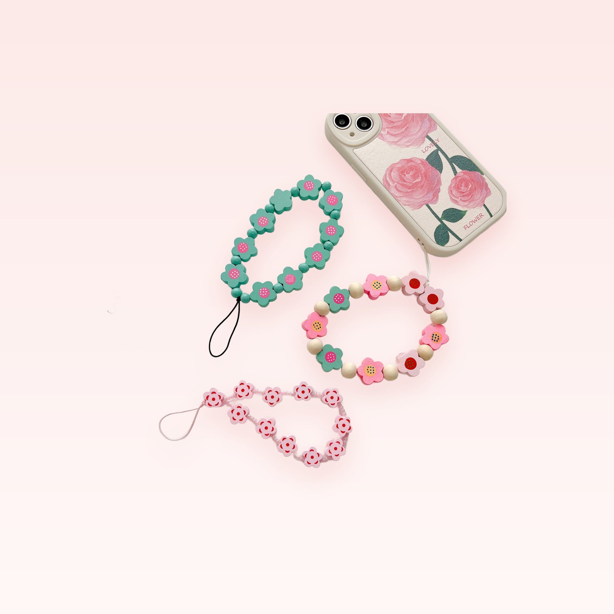 Kawaii Flower Bead Phone Charm Strap | Cute Wooden Wrist Lanyard