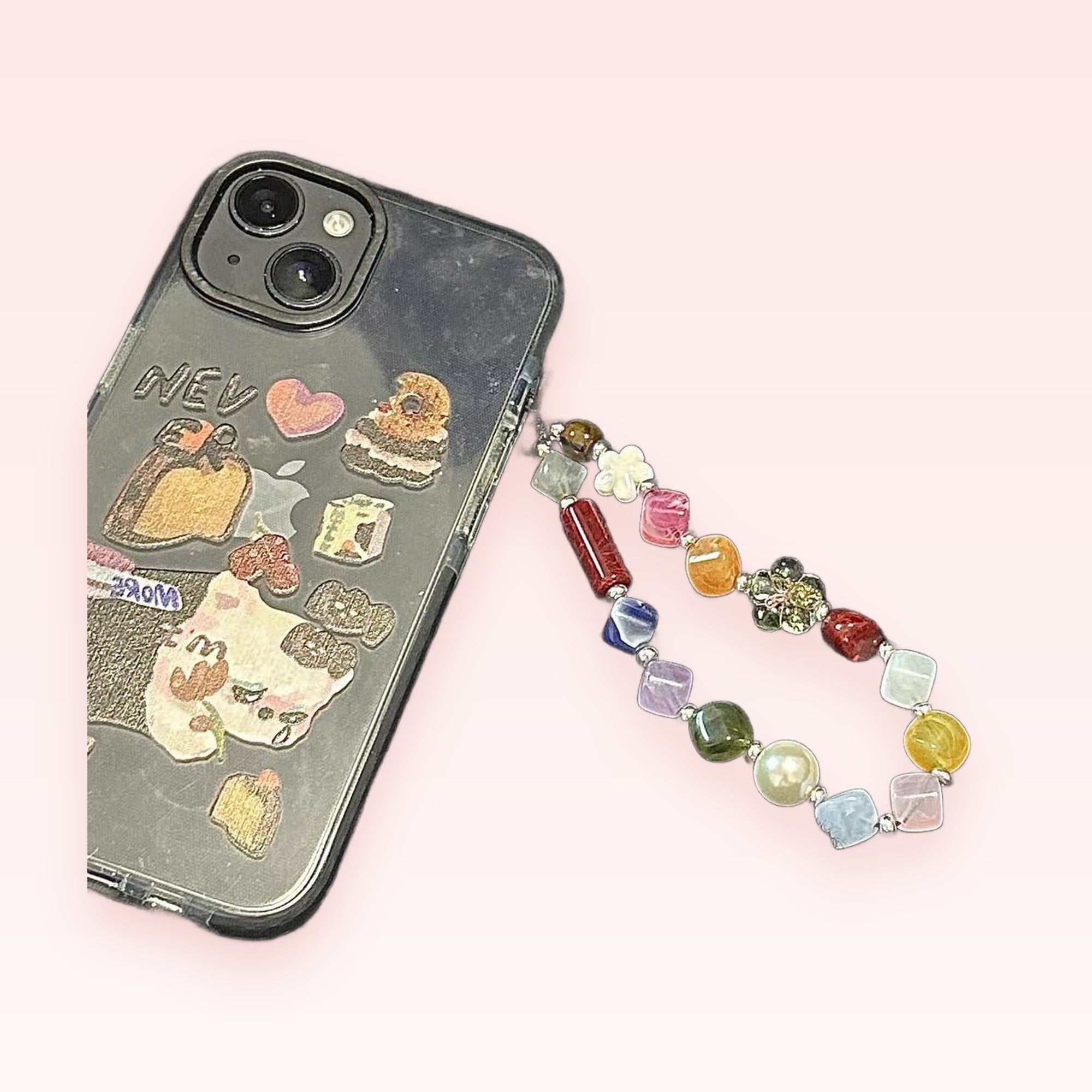Aesthetic Mixed Gemstone & Pearl Phone Charm | Colorful Beaded Wrist Strap