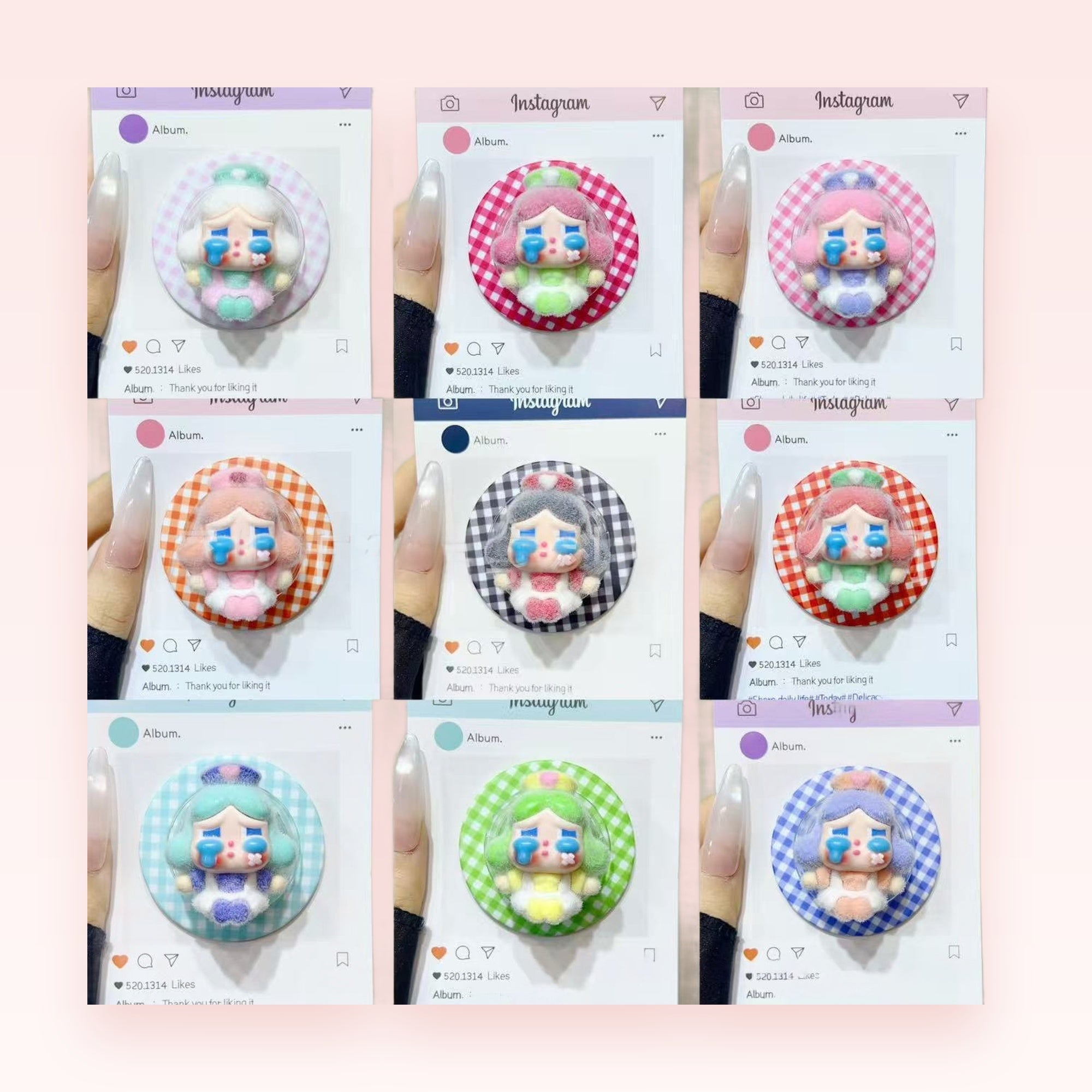 Kawaii Crying Girl Phone Grip | Pastel Gingham Pop Socket Stand