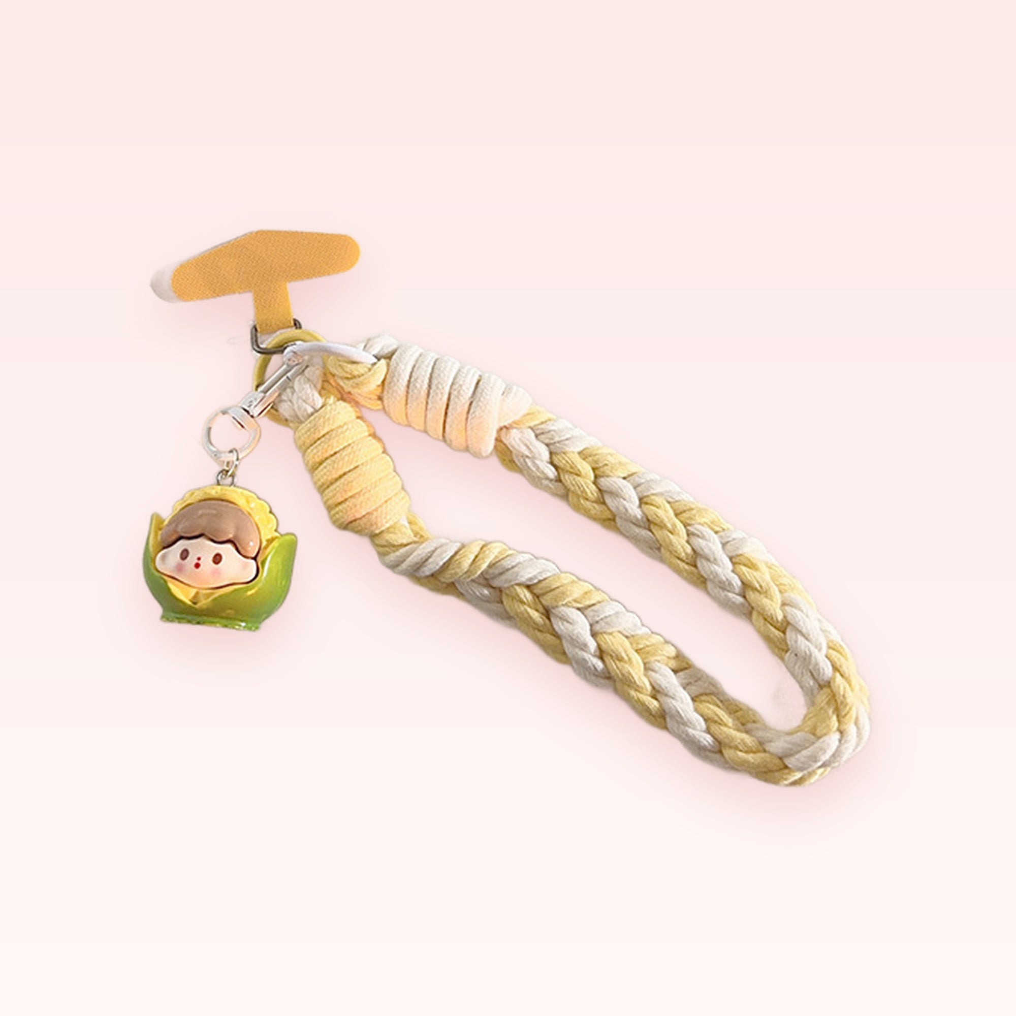 Cute Braided Wrist Phone Charm | Yellow & White Lanyard with Corn Character