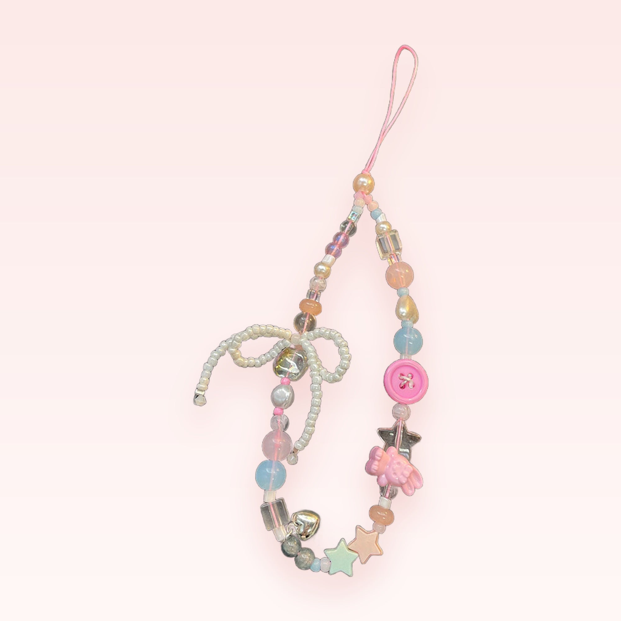 Pastel Beaded Phone Charm Strap with Bow & Star Charms | Kawaii Pearl & Heart Lanyard