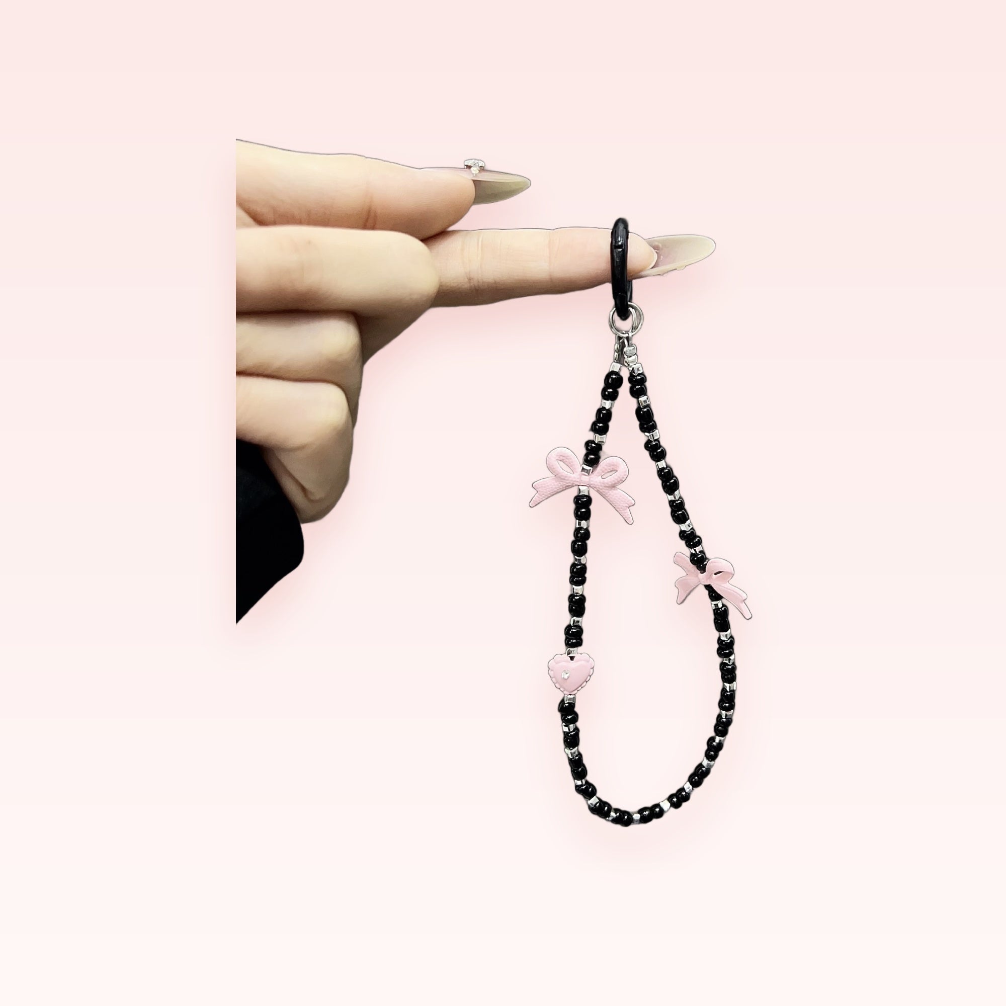 Cute Black Beaded Phone Charm | Pink Bow & Heart Wrist Strap