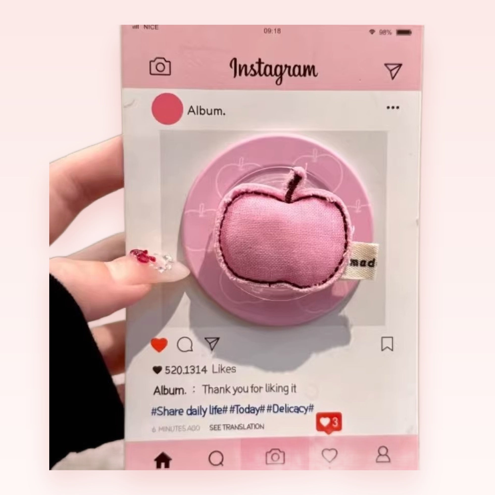 Pink Puffy Apple Phone Grip | Cute Kawaii Pop Socket Stand