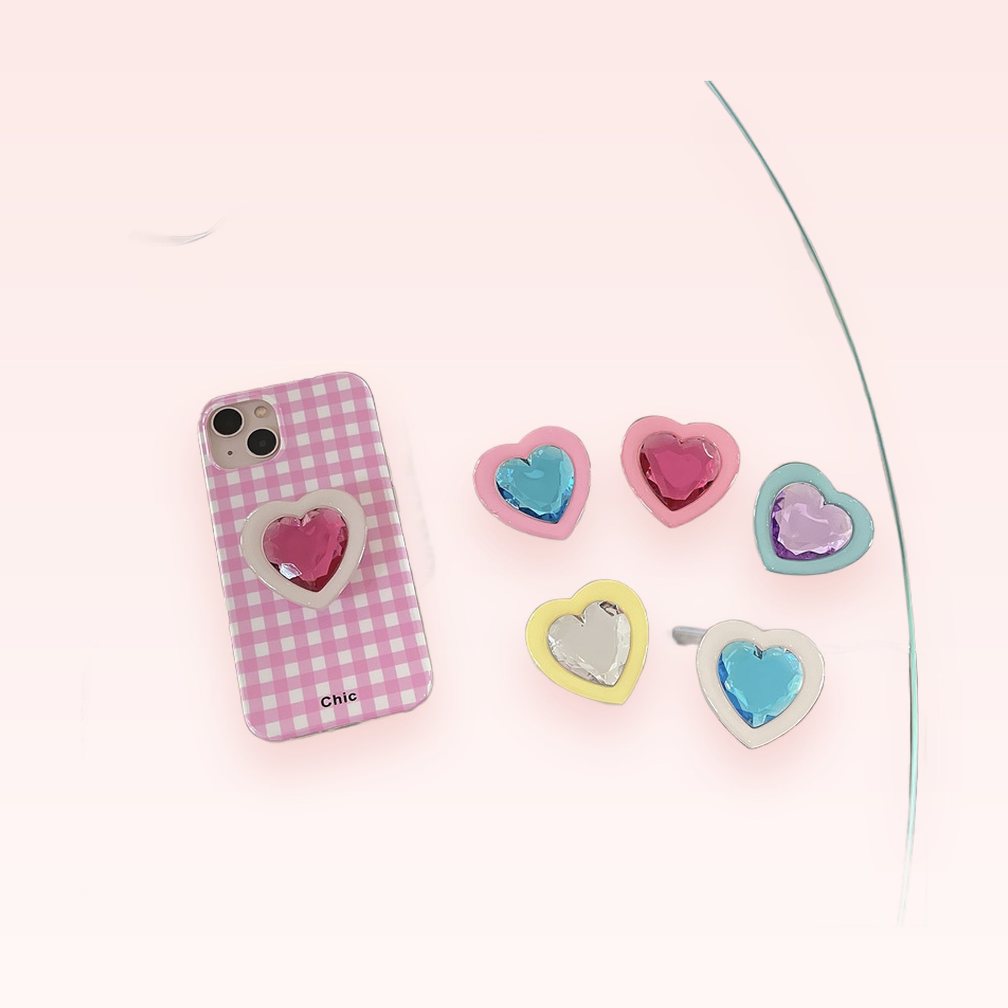 Pink Gingham Heart Phone Grip | Cute Y2K Pop Socket Stand