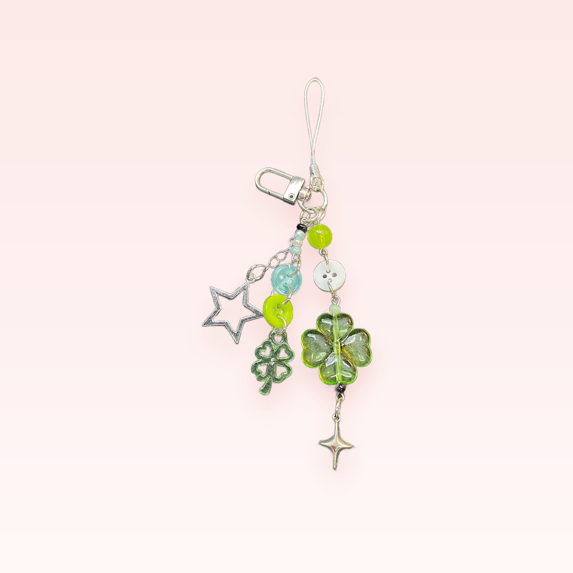 Aesthetic Green Clover & Star Phone Charm | Y2K Beaded Keychain Strap