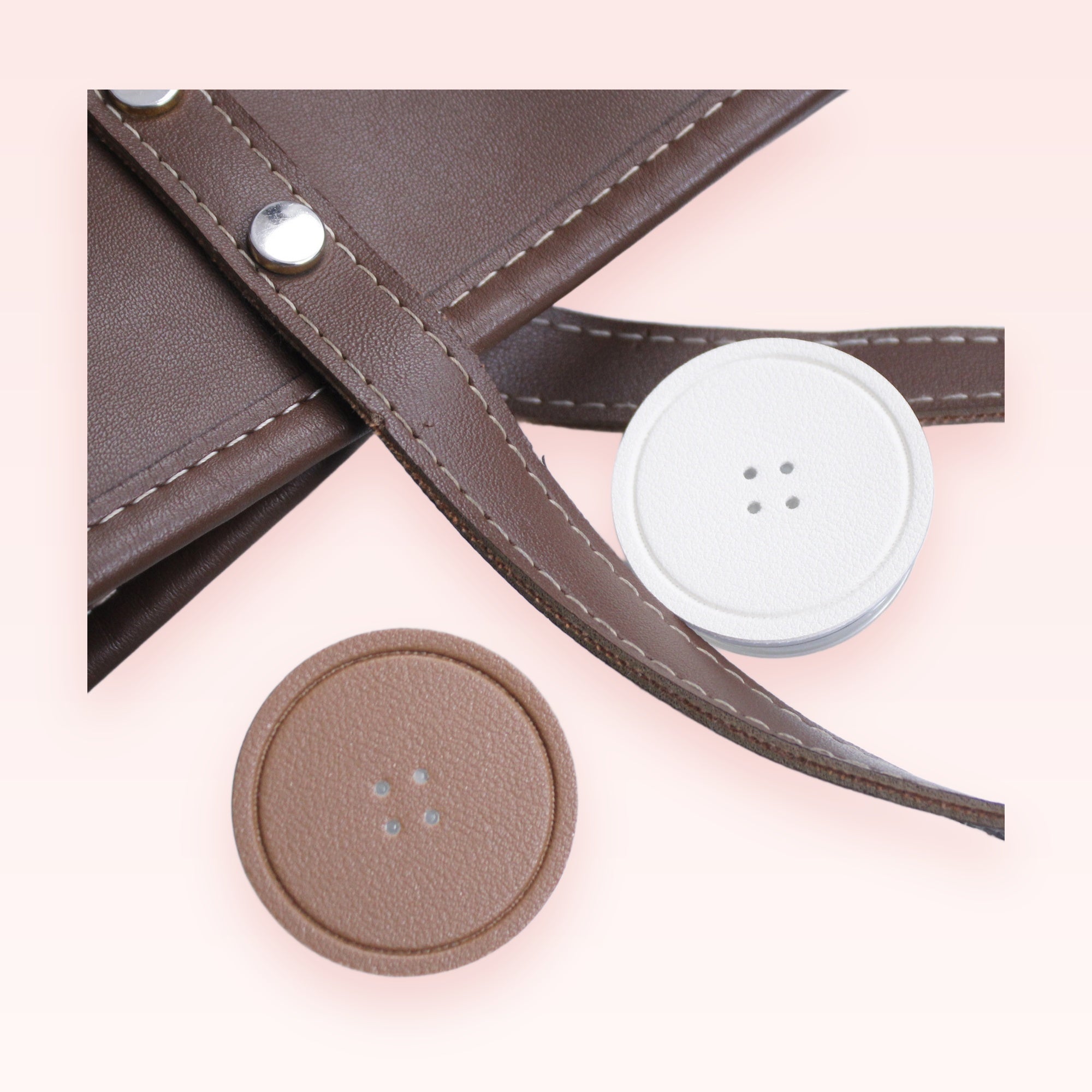 Brown & White Faux Leather Button Phone Grip | Aesthetic Pop Socket Stand