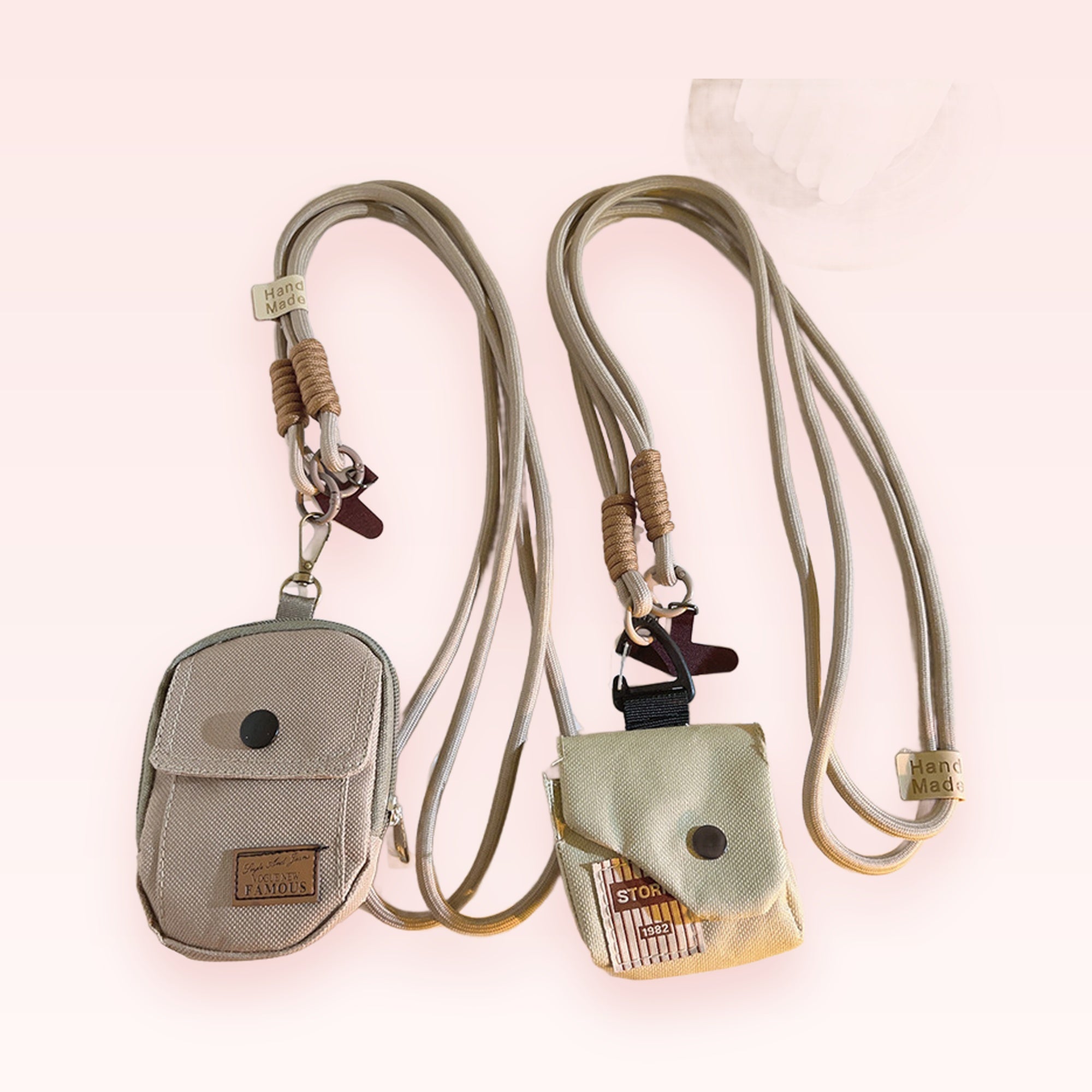 Aesthetic Canvas Mini Pouch Phone Charm Lanyard | Handmade Beige Crossbody Strap