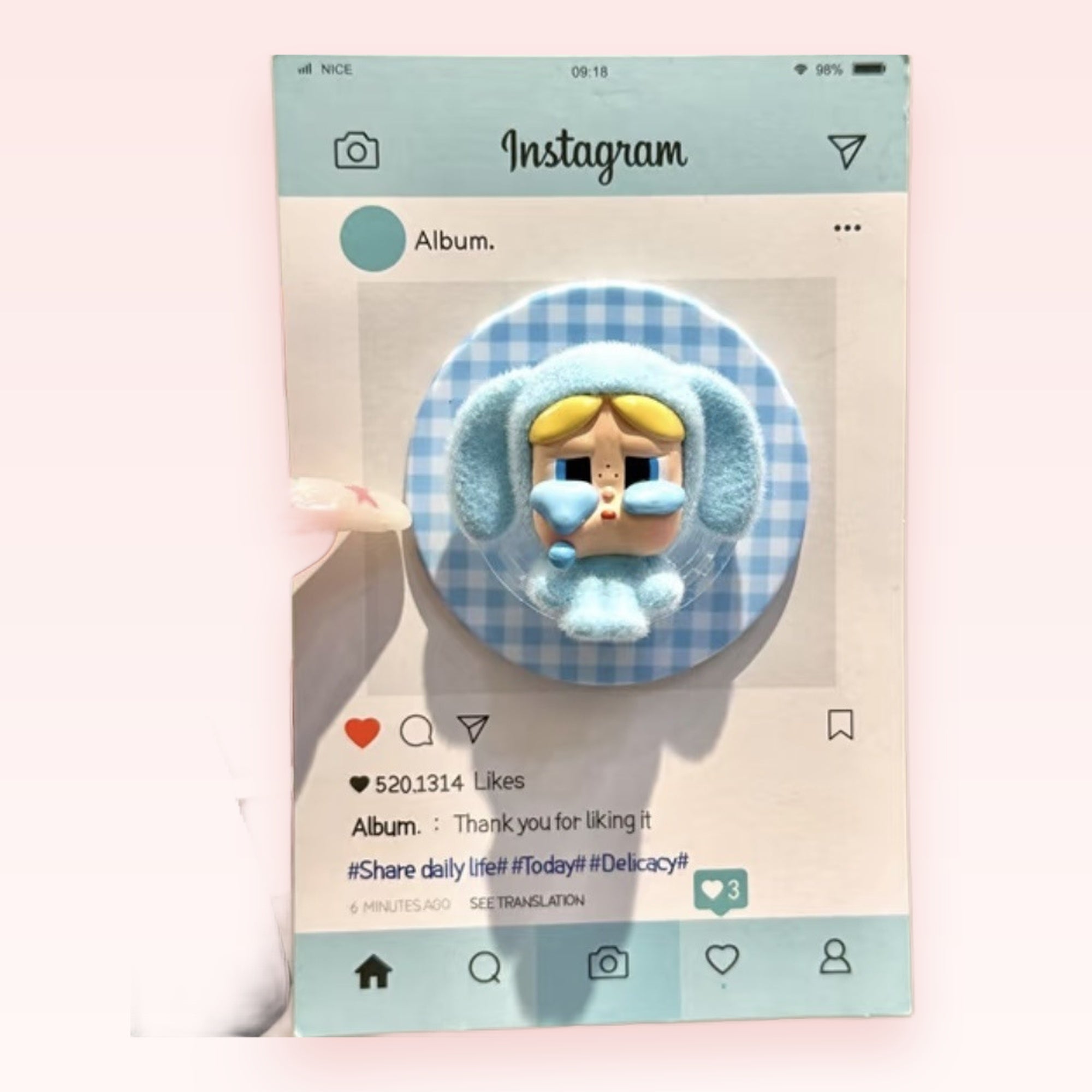 Kawaii Blue Crying Character Phone Grip | Aesthetic Plaid Pop Socket Stand