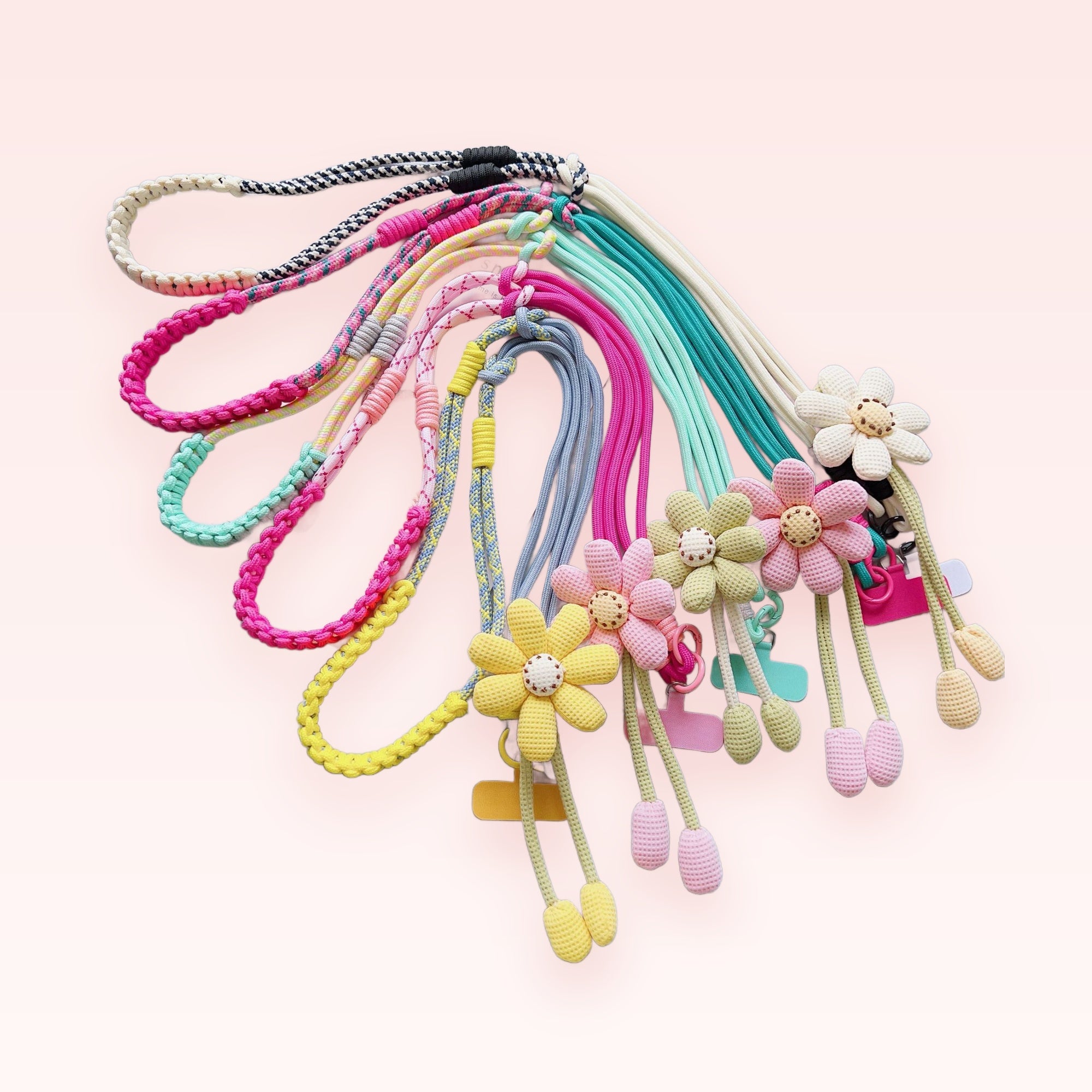 Colorful Braided Rope Phone Lanyard with Daisy Charms | Aesthetic Crochet Flower Wrist Strap