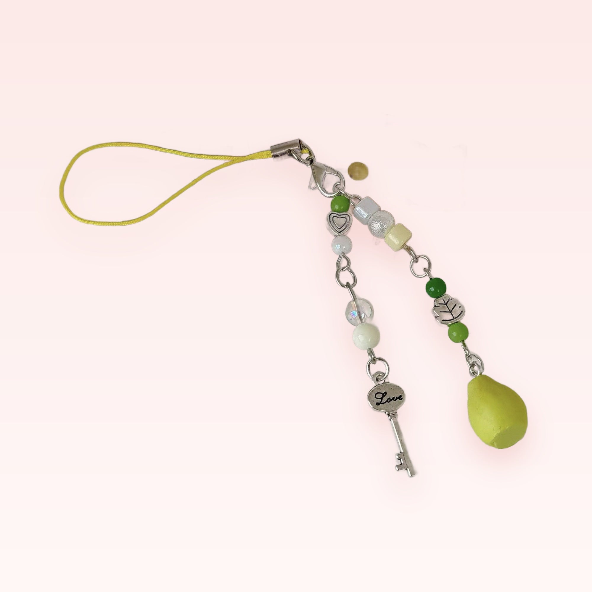 Aesthetic Green & White Beaded Phone Charm | Cute Pear & Key Dangle Strap