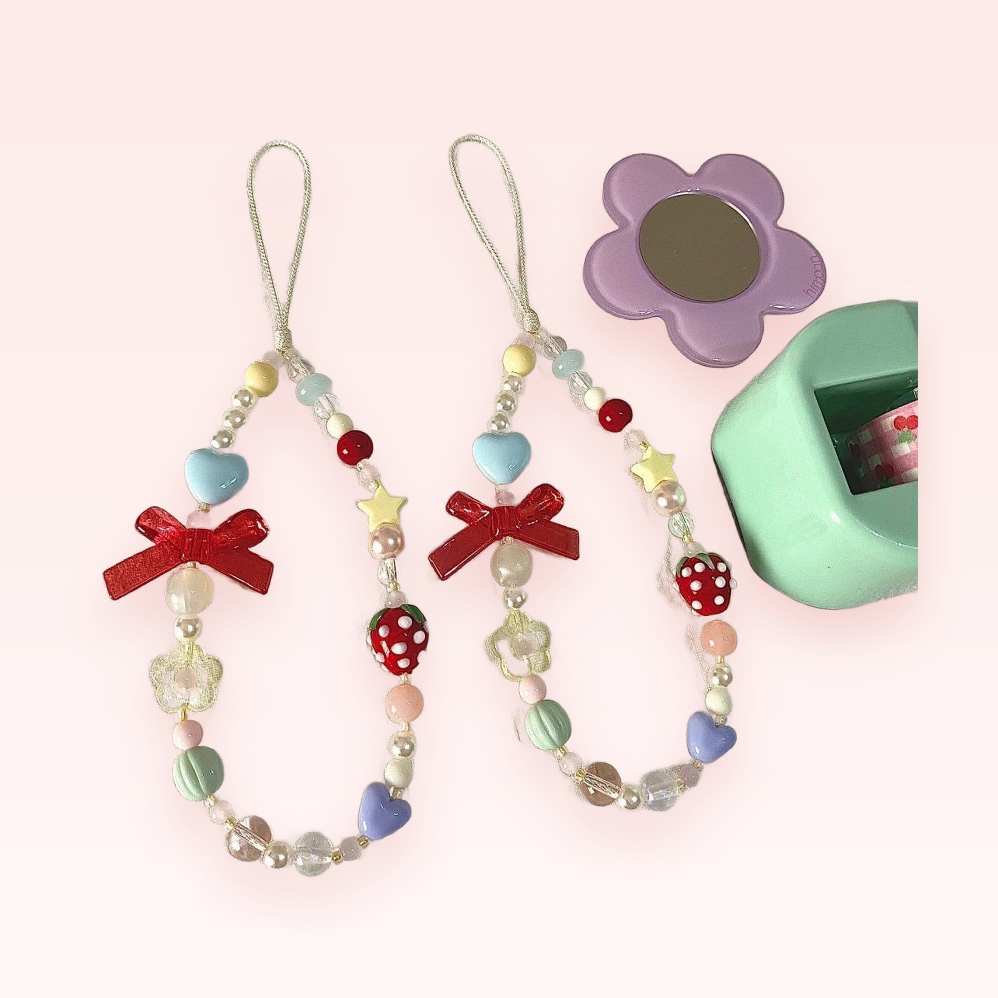 Kawaii Pastel Beaded Phone Charm Strap | Strawberry & Heart Wrist Lanyard