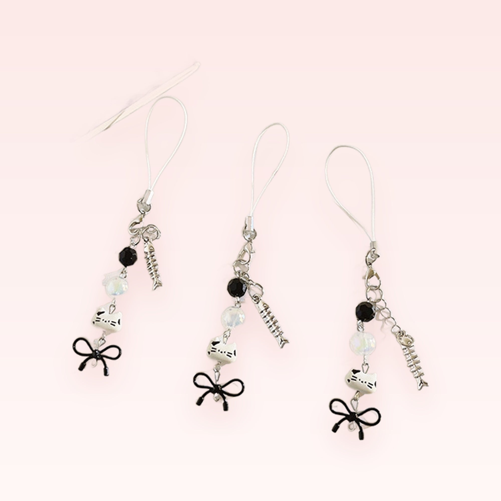 Cute Cat & Fishbone Phone Charm Strap | Black & White Beaded Wrist Lanyard