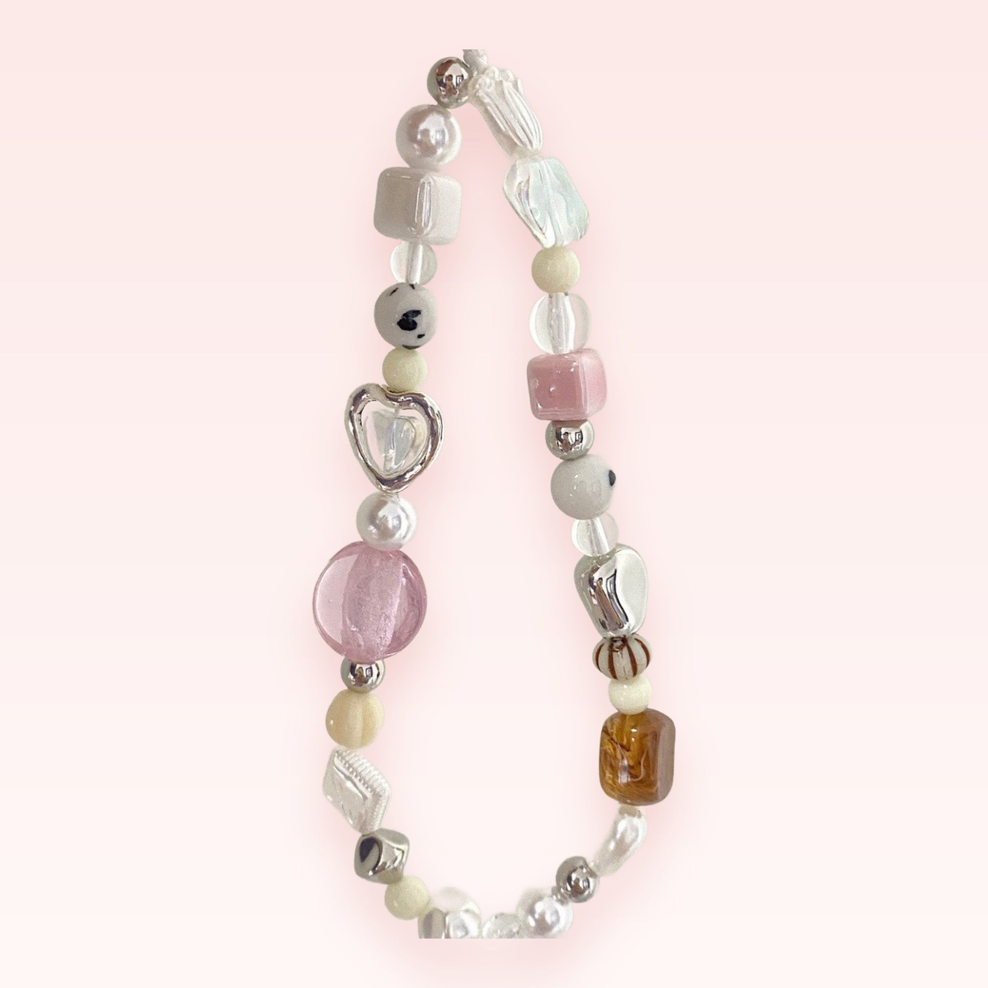 Pastel Beaded Phone Charm Strap | Cute Pearl & Heart Wrist Lanyard