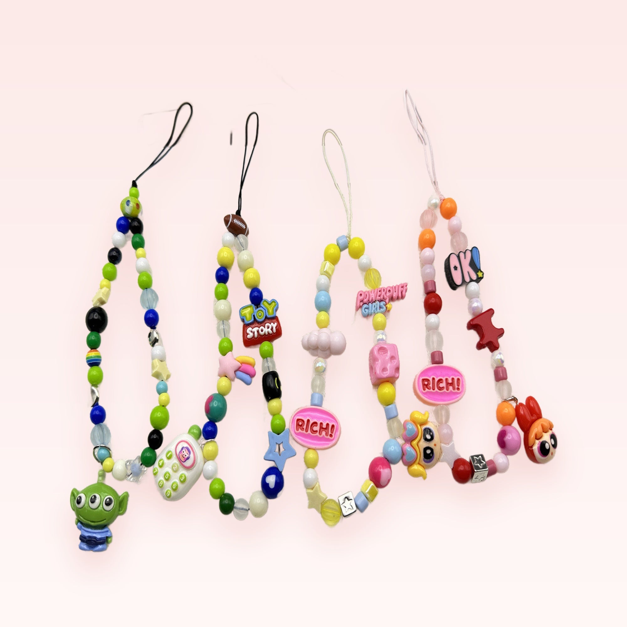 Kawaii Beaded Phone Charms | Y2K Aesthetic Wrist Straps with Cartoon Pendants